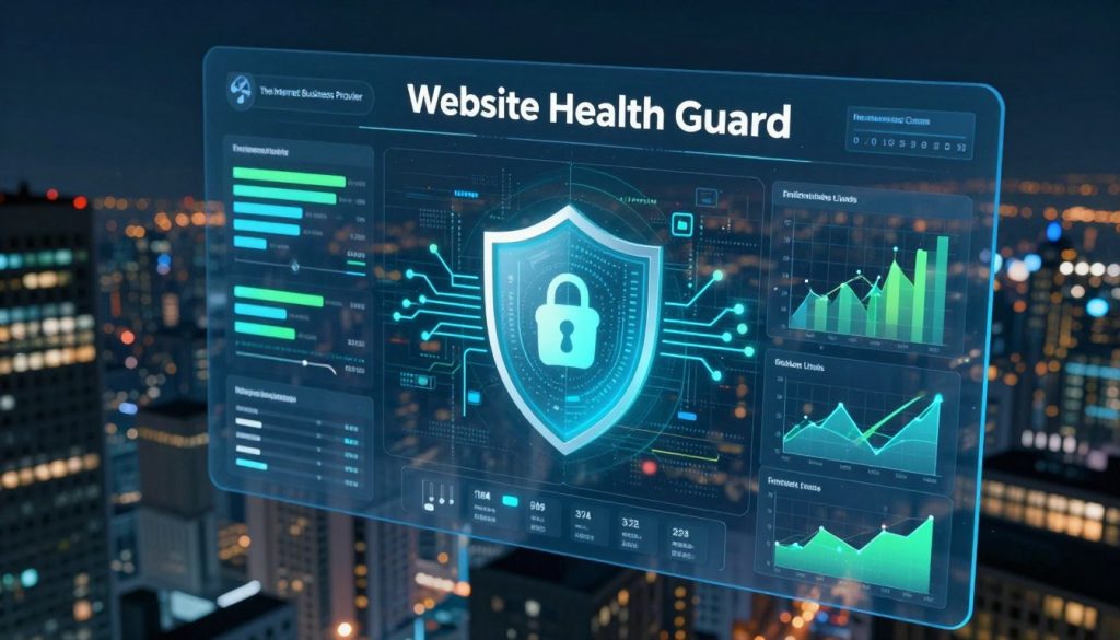 A digital landscape representing "Website Health Guard" by The Internet Business Provider, featuring a modern, sleek digital dashboard in the foreground with vibrant graphs and metrics reflecting website health. In the middle, a shield icon symbolizing protection against broken links, adorned with technology motifs like circuit patterns. The background showcases a high-tech cityscape, representing the digital web, with lights representing data flow and connectivity. The scene is illuminated with soft, futuristic lighting, casting a blue and green hue that invokes a sense of security and innovation. The angle is slightly elevated, providing a panoramic view of the digital city and the dashboard. The atmosphere is professional and optimistic, suggesting a solution to digital maintenance. A digital landscape representing "Website Health Guard" by The Internet Business Provider, featuring a modern, sleek digital dashboard in the foreground with vibrant graphs and metrics reflecting website health. In the middle, a shield icon symbolizing protection against broken links, adorned with technology motifs like circuit patterns. The background showcases a high-tech cityscape, representing the digital web, with lights representing data flow and connectivity. The scene is illuminated with soft, futuristic lighting, casting a blue and green hue that invokes a sense of security and innovation. The angle is slightly elevated, providing a panoramic view of the digital city and the dashboard. The atmosphere is professional and optimistic, suggesting a solution to digital maintenance.