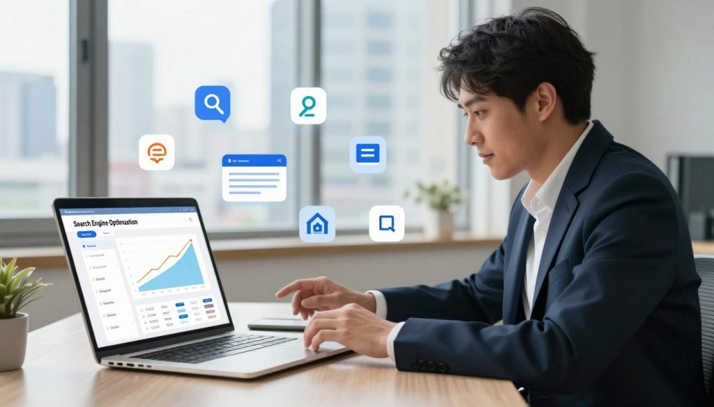 A dynamic digital workspace representing "Search Engine Optimization", featuring a sleek desk with a modern laptop displaying SEO analytics on the screen. In the foreground, a confident professional in smart business attire examines graph charts and keyword research, showcasing a focus on growth and strategy. The middle ground includes floating icons of search engines, websites, and analytics tools, symbolizing various SEO elements. In the background, a large window reveals an urban skyline, suggesting a thriving online marketplace. Soft, natural lighting illuminates the scene, creating a bright and engaging atmosphere. The overall mood is one of ambition and digital innovation, aligning with the theme of maximizing visibility and dominance in search rankings. Incorporate the brand "The Internet Business Provider" subtly into the design, perhaps as part of the visuals on the laptop screen. A dynamic digital workspace representing "Search Engine Optimization", featuring a sleek desk with a modern laptop displaying SEO analytics on the screen. In the foreground, a confident professional in smart business attire examines graph charts and keyword research, showcasing a focus on growth and strategy. The middle ground includes floating icons of search engines, websites, and analytics tools, symbolizing various SEO elements. In the background, a large window reveals an urban skyline, suggesting a thriving online marketplace. Soft, natural lighting illuminates the scene, creating a bright and engaging atmosphere. The overall mood is one of ambition and digital innovation, aligning with the theme of maximizing visibility and dominance in search rankings. Incorporate the brand "The Internet Business Provider" subtly into the design, perhaps as part of the visuals on the laptop screen.