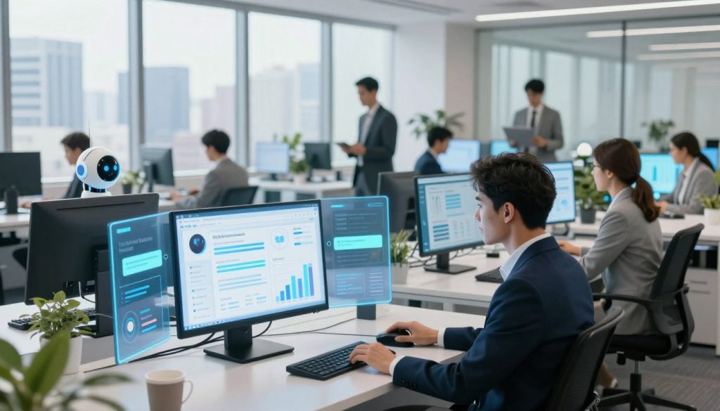 A futuristic office scene showcasing AI chatbots for business, designed to be the perfect blend of technology and professionalism. In the foreground, a sleek and modern digital interface displaying various chatbot analytics and graphs, with soft blue lighting accentuating the screens. In the middle ground, a diverse group of professional individuals in business attire interact with these chatbots in a bright, airy workspace. The background features large windows with a city skyline, natural light flooding in, creating a vibrant atmosphere of innovation and productivity. The overall mood is optimistic and dynamic, evoking the essence of a successful sales team powered by advanced technology. Include brand elements representing "The Internet Business Provider" subtly within the office decor, enhancing the scene without being intrusive. A futuristic office scene showcasing AI chatbots for business, designed to be the perfect blend of technology and professionalism. In the foreground, a sleek and modern digital interface displaying various chatbot analytics and graphs, with soft blue lighting accentuating the screens. In the middle ground, a diverse group of professional individuals in business attire interact with these chatbots in a bright, airy workspace. The background features large windows with a city skyline, natural light flooding in, creating a vibrant atmosphere of innovation and productivity. The overall mood is optimistic and dynamic, evoking the essence of a successful sales team powered by advanced technology. Include brand elements representing "The Internet Business Provider" subtly within the office decor, enhancing the scene without being intrusive.