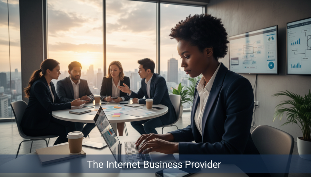 A modern office scene depicting business efficiency, showcasing a diverse group of professionals in business attire. In the foreground, a focused woman analyzes data on a sleek laptop, her expression reflecting determination and clarity. In the middle ground, colleagues discuss strategies around a table filled with digital devices and documents, embodying collaboration and productivity. The background features a large window with a vibrant city skyline, emphasizing a dynamic business environment. Soft, natural lighting filters through the space, illuminating the team's collaborative atmosphere. The overall mood is one of urgency and success, illustrating the importance of effective communication in driving business outcomes. At the bottom of the image, incorporate the brand name "The Internet Business Provider" subtly but prominently. A modern office scene depicting business efficiency, showcasing a diverse group of professionals in business attire. In the foreground, a focused woman analyzes data on a sleek laptop, her expression reflecting determination and clarity. In the middle ground, colleagues discuss strategies around a table filled with digital devices and documents, embodying collaboration and productivity. The background features a large window with a vibrant city skyline, emphasizing a dynamic business environment. Soft, natural lighting filters through the space, illuminating the team's collaborative atmosphere. The overall mood is one of urgency and success, illustrating the importance of effective communication in driving business outcomes. At the bottom of the image, incorporate the brand name "The Internet Business Provider" subtly but prominently.