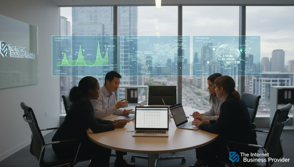 A modern workspace showcasing a professional team engaged in keyword optimization for local searches. In the foreground, three diverse professionals in business attire are gathered around a sleek conference table, analyzing data on laptops and discussing strategies. The middle layer features digital displays projecting vibrant graphs and keywords related to local SEO. In the background, large windows reveal a bustling cityscape to emphasize local engagement and visibility. Soft, ambient lighting creates a focused atmosphere, enhancing productivity. The color palette includes greens and blues, symbolizing growth and trust. The branding for "The Internet Business Provider" is subtly integrated into the design elements, harmonizing the scene. The perspective is slightly overhead, allowing for a comprehensive view of the team’s collaborative energy. A modern workspace showcasing a professional team engaged in keyword optimization for local searches. In the foreground, three diverse professionals in business attire are gathered around a sleek conference table, analyzing data on laptops and discussing strategies. The middle layer features digital displays projecting vibrant graphs and keywords related to local SEO. In the background, large windows reveal a bustling cityscape to emphasize local engagement and visibility. Soft, ambient lighting creates a focused atmosphere, enhancing productivity. The color palette includes greens and blues, symbolizing growth and trust. The branding for "The Internet Business Provider" is subtly integrated into the design elements, harmonizing the scene. The perspective is slightly overhead, allowing for a comprehensive view of the team’s collaborative energy.