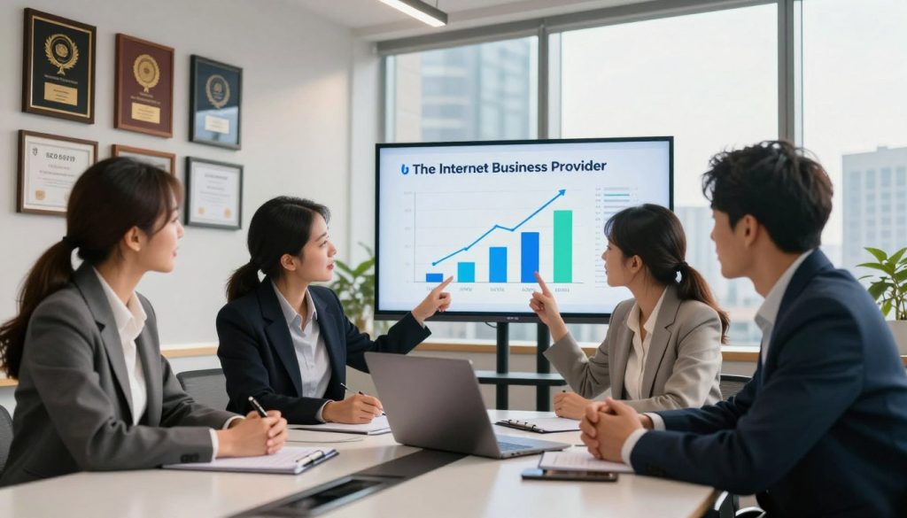A professional business setting showcasing a successful SEO strategy. In the foreground, a diverse group of three business professionals, dressed in smart business attire, are engaged in a discussion around a sleek, modern conference table. They are analyzing data on a laptop and pointing at a colorful growth chart displayed on a large screen. In the middle ground, the walls are adorned with framed awards and certificates highlighting SEO achievements. The background features large windows with a cityscape view, bathed in warm, natural light, creating an inviting and inspiring atmosphere. The lens should focus on the group's expressions of enthusiasm and collaboration, with a soft depth of field that gently blurs the background. The color palette is vibrant yet professional, embodying success and innovation, with a subtle overlay of "The Internet Business Provider" branding. A professional business setting showcasing a successful SEO strategy. In the foreground, a diverse group of three business professionals, dressed in smart business attire, are engaged in a discussion around a sleek, modern conference table. They are analyzing data on a laptop and pointing at a colorful growth chart displayed on a large screen. In the middle ground, the walls are adorned with framed awards and certificates highlighting SEO achievements. The background features large windows with a cityscape view, bathed in warm, natural light, creating an inviting and inspiring atmosphere. The lens should focus on the group's expressions of enthusiasm and collaboration, with a soft depth of field that gently blurs the background. The color palette is vibrant yet professional, embodying success and innovation, with a subtle overlay of "The Internet Business Provider" branding.