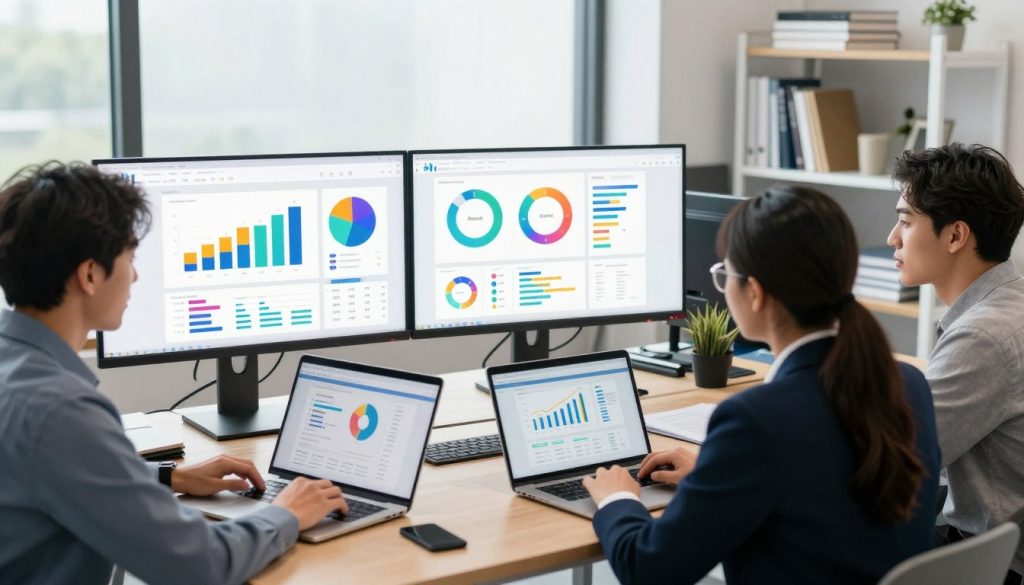 A professional, dynamic office setting showcasing a team participating in a website accessibility audit process. In the foreground, a diverse group of three professionals in business attire intently discussing accessibility metrics displayed on laptops and large monitors. The middle layer features an array of colorful graphs, charts, and data visualizations, emphasizing key insights from the audit. In the background, shelves filled with books on web development and accessibility principles, and a large window letting in soft, natural light to create an inviting atmosphere. The overall mood is focused and collaborative, emphasizing the importance of inclusivity in digital spaces. Include the brand name "The Internet Business Provider" subtly incorporated into the design elements of the workspace. A professional, dynamic office setting showcasing a team participating in a website accessibility audit process. In the foreground, a diverse group of three professionals in business attire intently discussing accessibility metrics displayed on laptops and large monitors. The middle layer features an array of colorful graphs, charts, and data visualizations, emphasizing key insights from the audit. In the background, shelves filled with books on web development and accessibility principles, and a large window letting in soft, natural light to create an inviting atmosphere. The overall mood is focused and collaborative, emphasizing the importance of inclusivity in digital spaces. Include the brand name "The Internet Business Provider" subtly incorporated into the design elements of the workspace.