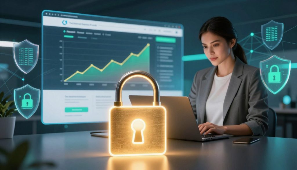 A secure digital landscape representing ecommerce safety, featuring a glowing lock symbol in the foreground, set against a backdrop of a sleek and modern website interface with vibrant charts indicating growth. In the middle ground, a confident business professional in smart casual attire evaluates the website on a laptop, surrounded by protective digital elements like firewalls and data shields. The background showcases a softly lit, abstract representation of cybersecurity networks, blending blue and green tones to evoke trust and safety. The lighting is warm yet focused, highlighting the lock symbol, while the overall atmosphere conveys professionalism, assiduity, and a sense of security. Include the brand name "The Internet Business Provider" subtly integrated into the scene, enhancing the theme of ecommerce safety without distraction. A secure digital landscape representing ecommerce safety, featuring a glowing lock symbol in the foreground, set against a backdrop of a sleek and modern website interface with vibrant charts indicating growth. In the middle ground, a confident business professional in smart casual attire evaluates the website on a laptop, surrounded by protective digital elements like firewalls and data shields. The background showcases a softly lit, abstract representation of cybersecurity networks, blending blue and green tones to evoke trust and safety. The lighting is warm yet focused, highlighting the lock symbol, while the overall atmosphere conveys professionalism, assiduity, and a sense of security. Include the brand name "The Internet Business Provider" subtly integrated into the scene, enhancing the theme of ecommerce safety without distraction.