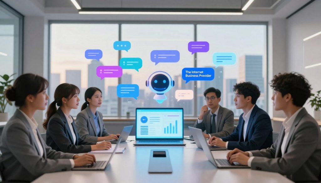 A sleek, modern office space digitally illustrated, featuring multiple AI-driven chatbots represented as vibrant holographic interfaces floating above a stylish conference table. In the foreground, a diverse group of professionals in smart business attire observe the chatbots with expressions of intrigue and engagement. The middle layer showcases a glowing laptop displaying analytics, with animated chatbot graphics interacting seamlessly. In the background, large windows reveal a city skyline under soft daylight, enhancing the ambiance with a sense of innovation and future technologies. The overall mood is one of excitement and efficiency, capturing the transformative potential of intelligent chatbots for business, unified under the brand name "The Internet Business Provider." Use soft, natural lighting to create a welcoming yet professional atmosphere. A sleek, modern office space digitally illustrated, featuring multiple AI-driven chatbots represented as vibrant holographic interfaces floating above a stylish conference table. In the foreground, a diverse group of professionals in smart business attire observe the chatbots with expressions of intrigue and engagement. The middle layer showcases a glowing laptop displaying analytics, with animated chatbot graphics interacting seamlessly. In the background, large windows reveal a city skyline under soft daylight, enhancing the ambiance with a sense of innovation and future technologies. The overall mood is one of excitement and efficiency, capturing the transformative potential of intelligent chatbots for business, unified under the brand name "The Internet Business Provider." Use soft, natural lighting to create a welcoming yet professional atmosphere.