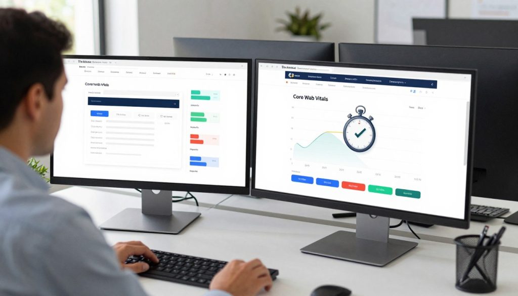 A sleek, modern workspace featuring a professional individual in business attire, intently analyzing website performance metrics on a large dual-monitor setup. The foreground showcases a graph displaying fast-loading webpage statistics, surrounded by elements symbolizing speed, like a stopwatch and a checkmark. In the middle ground, an array of colorful charts representing Core Web Vitals, such as loading time and interactivity, provide a vibrant contrast. The background features a soft-focus office environment, showcasing contemporary furnishings and technological gadgets. Bright, natural lighting illuminates the scene, enhancing the sense of urgency and focus. The overall mood conveys professionalism and the importance of website speed optimization, with subtle branding for "The Internet Business Provider" integrated into the monitors. A sleek, modern workspace featuring a professional individual in business attire, intently analyzing website performance metrics on a large dual-monitor setup. The foreground showcases a graph displaying fast-loading webpage statistics, surrounded by elements symbolizing speed, like a stopwatch and a checkmark. In the middle ground, an array of colorful charts representing Core Web Vitals, such as loading time and interactivity, provide a vibrant contrast. The background features a soft-focus office environment, showcasing contemporary furnishings and technological gadgets. Bright, natural lighting illuminates the scene, enhancing the sense of urgency and focus. The overall mood conveys professionalism and the importance of website speed optimization, with subtle branding for "The Internet Business Provider" integrated into the monitors.