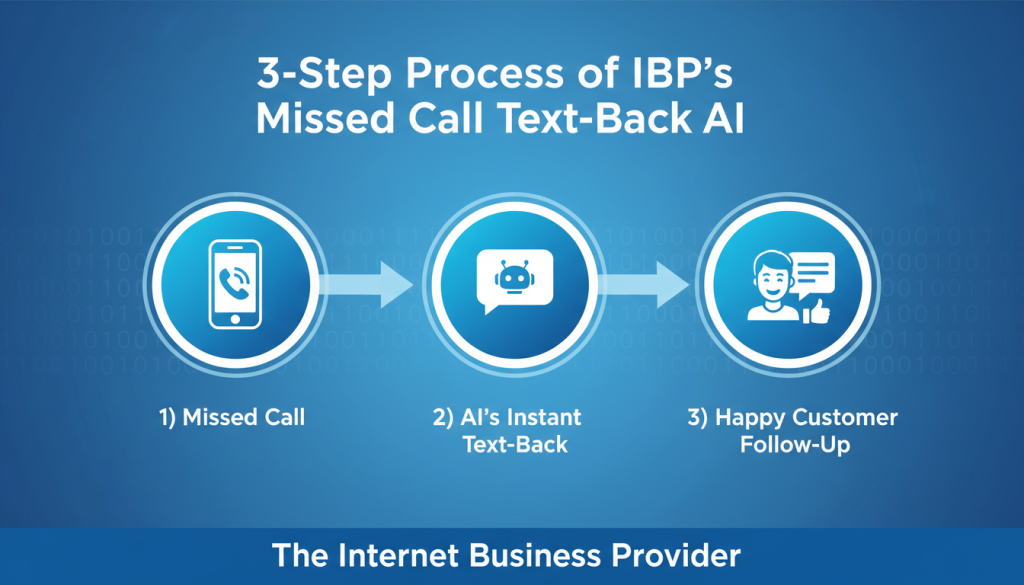 A visually appealing infographic illustrating the "3-Step Process of IBP's Missed Call Text-Back AI." The foreground features three distinct steps represented with vibrant, engaging icons: 1) a ringing phone symbolizing the missed call, 2) a text message icon indicating the AI’s immediate response, and 3) a smiling customer receiving their follow-up message. In the middle layer, include interconnected arrows demonstrating the flow of the process. The background is a soft gradient of blues, suggesting technology and communication, with subtle binary code patterns for a techy feel. Ambient lighting creates a clean, professional atmosphere. At the bottom, prominently display the brand name "The Internet Business Provider" in a sleek, modern font. A visually appealing infographic illustrating the "3-Step Process of IBP's Missed Call Text-Back AI." The foreground features three distinct steps represented with vibrant, engaging icons: 1) a ringing phone symbolizing the missed call, 2) a text message icon indicating the AI’s immediate response, and 3) a smiling customer receiving their follow-up message. In the middle layer, include interconnected arrows demonstrating the flow of the process. The background is a soft gradient of blues, suggesting technology and communication, with subtle binary code patterns for a techy feel. Ambient lighting creates a clean, professional atmosphere. At the bottom, prominently display the brand name "The Internet Business Provider" in a sleek, modern font.