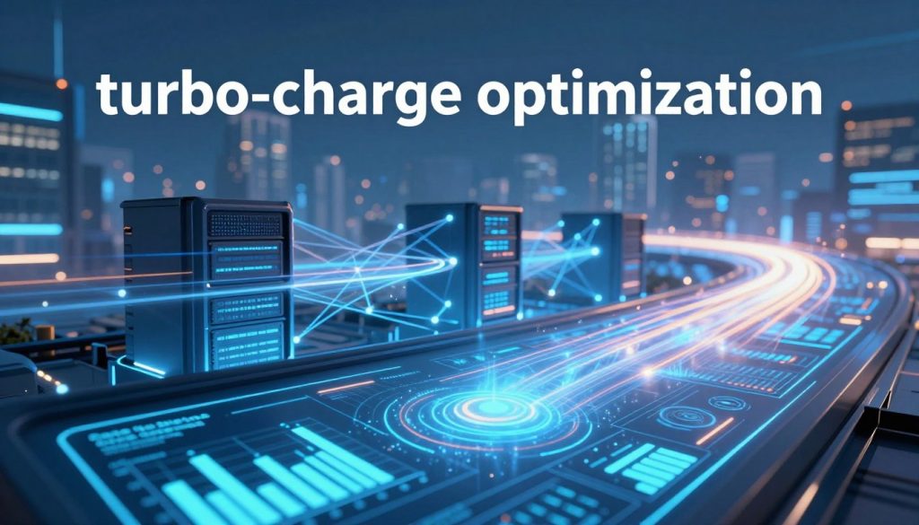 A visually striking composition showcasing the concept of "turbo-charge optimization" in a digital landscape. In the foreground, a high-tech dashboard with glowing graphs and data streams emanating energy, symbolizing speed and efficiency. The middle layer features an abstract representation of interconnected servers and networks, with dynamic light trails illustrating rapid data processing and optimization. In the background, a futuristic cityscape bathed in a soft blue glow, suggesting advanced technology and digital innovations. The mood is energetic and forward-looking, with soft lens flares enhancing the atmosphere. Capture this high-resolution image using a wide-angle lens to emphasize the depth and complexity of the scene. Include a subtle nod to "The Internet Business Provider" through subtle branding elements in the design. Ensure the image is professional, dynamic, and visually engaging. A visually striking composition showcasing the concept of "turbo-charge optimization" in a digital landscape. In the foreground, a high-tech dashboard with glowing graphs and data streams emanating energy, symbolizing speed and efficiency. The middle layer features an abstract representation of interconnected servers and networks, with dynamic light trails illustrating rapid data processing and optimization. In the background, a futuristic cityscape bathed in a soft blue glow, suggesting advanced technology and digital innovations. The mood is energetic and forward-looking, with soft lens flares enhancing the atmosphere. Capture this high-resolution image using a wide-angle lens to emphasize the depth and complexity of the scene. Include a subtle nod to "The Internet Business Provider" through subtle branding elements in the design. Ensure the image is professional, dynamic, and visually engaging.