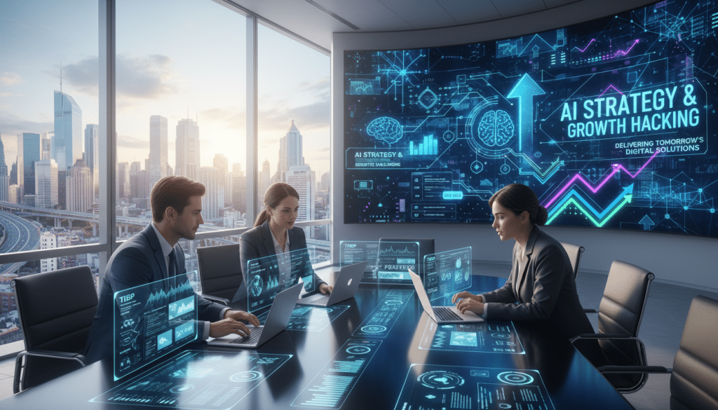 A modern office environment showcasing an AI service firm, "The Internet Business Provider". In the foreground, a diverse group of three professionals in smart business attire collaborates around a sleek conference table filled with laptops and digital screens displaying data analytics and website designs. The middle layer features a large window revealing a bustling city skyline, casting natural light into the space, enhancing the productivity vibe. In the background, a digital board illustrates AI concepts and growth strategies, with energetic colors and tech-inspired motifs. The atmosphere is dynamic and innovative, reflecting a focus on delivering advanced digital solutions beyond just website design. The light is bright and inviting, emphasizing a forward-thinking approach. A modern office environment showcasing an AI service firm, "The Internet Business Provider". In the foreground, a diverse group of three professionals in smart business attire collaborates around a sleek conference table filled with laptops and digital screens displaying data analytics and website designs. The middle layer features a large window revealing a bustling city skyline, casting natural light into the space, enhancing the productivity vibe. In the background, a digital board illustrates AI concepts and growth strategies, with energetic colors and tech-inspired motifs. The atmosphere is dynamic and innovative, reflecting a focus on delivering advanced digital solutions beyond just website design. The light is bright and inviting, emphasizing a forward-thinking approach.