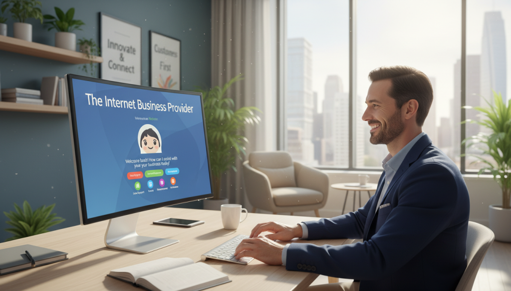 A modern office scene showcasing a small business utilizing chatbot integration, highlighting "The Internet Business Provider". In the foreground, a sleek computer monitor displays a friendly chatbot interface, with colorful icons and engaging responses. A business professional in smart casual attire is interactively working at the desk, smiling as they engage with the chatbot. The middle ground features a cozy, well-decorated office with plants and motivational posters, suggesting a productive atmosphere. In the background, large windows let in soft, natural light, creating a warm, inviting ambiance. The overall mood is optimistic and contemporary, emphasizing innovation and customer engagement in a small business setting. The image should have a clear focus on the integration of technology and personal connection. A modern office scene showcasing a small business utilizing chatbot integration, highlighting "The Internet Business Provider". In the foreground, a sleek computer monitor displays a friendly chatbot interface, with colorful icons and engaging responses. A business professional in smart casual attire is interactively working at the desk, smiling as they engage with the chatbot. The middle ground features a cozy, well-decorated office with plants and motivational posters, suggesting a productive atmosphere. In the background, large windows let in soft, natural light, creating a warm, inviting ambiance. The overall mood is optimistic and contemporary, emphasizing innovation and customer engagement in a small business setting. The image should have a clear focus on the integration of technology and personal connection.