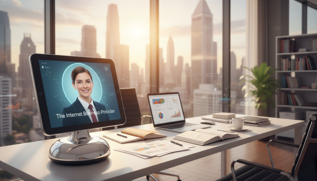 A modern, sleek AI chatbot for small businesses is depicted in an office environment, taking center stage in the foreground. The chatbot has a friendly, approachable face displayed on a tablet screen, with a professional digital avatar representing "The Internet Business Provider". In the middle ground, we see a stylish desk cluttered with paperwork and a laptop, symbolizing the busy life of a small business owner. The background features bright, warm lighting filtering through large windows, showcasing a cityscape. The atmosphere is energetic and optimistic, conveying the idea of a 24/7 AI salesperson ready to support the business. The image captures a sense of professionalism, innovation, and the potential of technology working tirelessly for small enterprises. A modern, sleek AI chatbot for small businesses is depicted in an office environment, taking center stage in the foreground. The chatbot has a friendly, approachable face displayed on a tablet screen, with a professional digital avatar representing "The Internet Business Provider". In the middle ground, we see a stylish desk cluttered with paperwork and a laptop, symbolizing the busy life of a small business owner. The background features bright, warm lighting filtering through large windows, showcasing a cityscape. The atmosphere is energetic and optimistic, conveying the idea of a 24/7 AI salesperson ready to support the business. The image captures a sense of professionalism, innovation, and the potential of technology working tirelessly for small enterprises.
