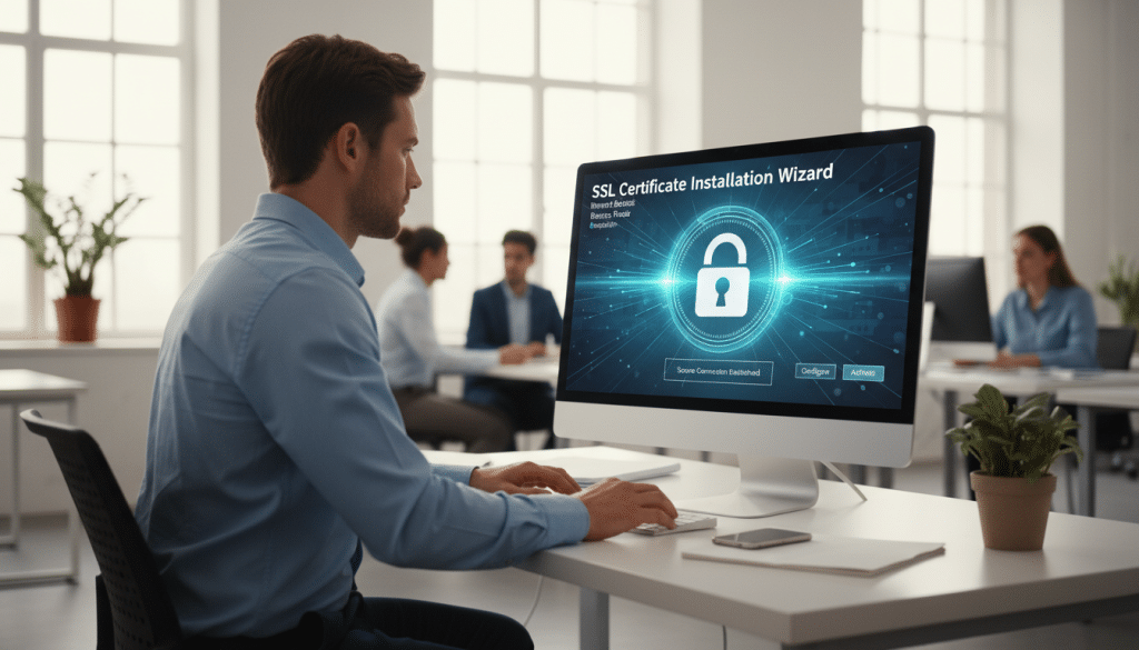 A professional setting illustrating SSL certificate installation, featuring a sleek, modern office environment with a focus on a computer screen displaying an activation interface. In the foreground, a well-dressed IT technician, in business casual attire, confidently configures the SSL certificate, with a look of concentration. The middle section shows a digital graphic of a padlock symbolizing security, integrated on the screen, surrounded by vibrant blue and green lighting to evoke a sense of trust and safety. In the background, blurred elements of a collaborative workspace suggest teamwork and efficiency. A soft-focus effect enhances the image, adding warmth and approachability, while ensuring a clean, professional atmosphere. The Internet Business Provider logo subtly appears on the screen as part of the installation interface. A professional setting illustrating SSL certificate installation, featuring a sleek, modern office environment with a focus on a computer screen displaying an activation interface. In the foreground, a well-dressed IT technician, in business casual attire, confidently configures the SSL certificate, with a look of concentration. The middle section shows a digital graphic of a padlock symbolizing security, integrated on the screen, surrounded by vibrant blue and green lighting to evoke a sense of trust and safety. In the background, blurred elements of a collaborative workspace suggest teamwork and efficiency. A soft-focus effect enhances the image, adding warmth and approachability, while ensuring a clean, professional atmosphere. The Internet Business Provider logo subtly appears on the screen as part of the installation interface.