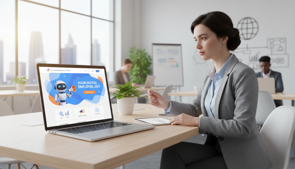 A sleek and modern lead generation website interface, illustrating the role of a digital employee. In the foreground, display a laptop with a vibrant, user-friendly homepage featuring engaging graphics and clear call-to-action buttons. The middle ground should include a business professional, dressed in smart casual attire, analyzing data on the screen, representing user engagement. The background features a bright, open office space with soft lighting that conveys a productive and inviting atmosphere. Include elements like graphs, charts, and icons symbolizing SEO and marketing strategies. The image should exude a sense of efficiency and innovation, with a clean design aesthetic. Prominently incorporate the brand name "The Internet Business Provider" within the website mockup, ensuring it complements the overall composition without overpowering other elements. A sleek and modern lead generation website interface, illustrating the role of a digital employee. In the foreground, display a laptop with a vibrant, user-friendly homepage featuring engaging graphics and clear call-to-action buttons. The middle ground should include a business professional, dressed in smart casual attire, analyzing data on the screen, representing user engagement. The background features a bright, open office space with soft lighting that conveys a productive and inviting atmosphere. Include elements like graphs, charts, and icons symbolizing SEO and marketing strategies. The image should exude a sense of efficiency and innovation, with a clean design aesthetic. Prominently incorporate the brand name "The Internet Business Provider" within the website mockup, ensuring it complements the overall composition without overpowering other elements.