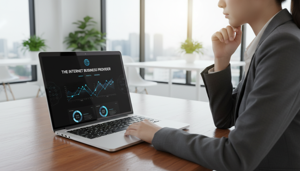 A sleek, high-performing business website interface displayed prominently on a modern laptop, set on a polished wooden desk. In the foreground, a vibrant website layout shows dynamic graphs, interactive elements, and captivating visuals with the brand name "The Internet Business Provider" elegantly positioned. In the middle ground, a professional businessperson, dressed in a tailored suit, is engaged in deep thought while analyzing the website on the screen, hinting at strategic planning. The background features a bright, minimalistic office space with large windows allowing natural light to flood in, creating a productive and inspiring atmosphere. The mood is focused and forward-thinking, with a hint of innovation, captured from a slightly elevated angle to showcase the website's details effectively. A sleek, high-performing business website interface displayed prominently on a modern laptop, set on a polished wooden desk. In the foreground, a vibrant website layout shows dynamic graphs, interactive elements, and captivating visuals with the brand name "The Internet Business Provider" elegantly positioned. In the middle ground, a professional businessperson, dressed in a tailored suit, is engaged in deep thought while analyzing the website on the screen, hinting at strategic planning. The background features a bright, minimalistic office space with large windows allowing natural light to flood in, creating a productive and inspiring atmosphere. The mood is focused and forward-thinking, with a hint of innovation, captured from a slightly elevated angle to showcase the website's details effectively.