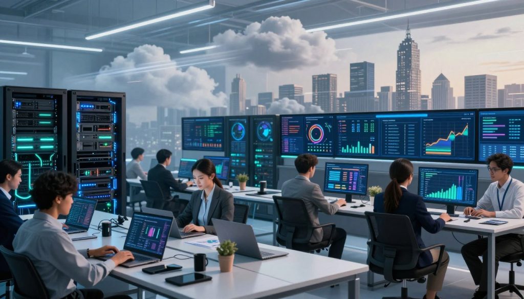 A sleek, modern digital workspace illustrating "The Internet Business Provider" as a leader in performance-driven hosting services. In the foreground, a diverse group of professionals in smart business attire, intently analyzing data on laptops and large screens, showcasing metrics like speed and uptime in vibrant graphs. The middle layer features a visually striking server room with state-of-the-art hardware, glowing with blue and green LED lights to convey a sense of speed and efficiency. In the background, a city skyline with fast-moving clouds, symbolizing the rapid pace of online business. Soft, diffused lighting enhances the tech-savvy atmosphere, while a wide-angle perspective captures the entire scene, reflecting the dynamic nature of performance-driven web hosting. A sleek, modern digital workspace illustrating "The Internet Business Provider" as a leader in performance-driven hosting services. In the foreground, a diverse group of professionals in smart business attire, intently analyzing data on laptops and large screens, showcasing metrics like speed and uptime in vibrant graphs. The middle layer features a visually striking server room with state-of-the-art hardware, glowing with blue and green LED lights to convey a sense of speed and efficiency. In the background, a city skyline with fast-moving clouds, symbolizing the rapid pace of online business. Soft, diffused lighting enhances the tech-savvy atmosphere, while a wide-angle perspective captures the entire scene, reflecting the dynamic nature of performance-driven web hosting.