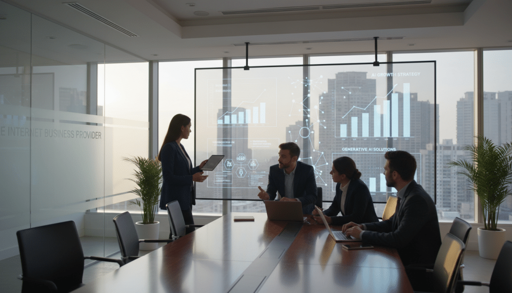 A sleek, modern office space representing "The Internet Business Provider," where a diverse team of professionals in business attire are gathered around a large table. In the foreground, a focused businesswoman is presenting a digital strategy on a large screen, showing graphs and AI concepts. In the middle, colleagues engage in discussion, showcasing the collaborative effort in business pivots towards AI services. The background features a large window with a city skyline view, illuminated by soft, natural morning light casting a warm glow across the room. The atmosphere is dynamic and innovative, suggesting a forward-thinking approach to technology and business. The composition captures a moment of creativity and inspiration in a cutting-edge work environment. A sleek, modern office space representing "The Internet Business Provider," where a diverse team of professionals in business attire are gathered around a large table. In the foreground, a focused businesswoman is presenting a digital strategy on a large screen, showing graphs and AI concepts. In the middle, colleagues engage in discussion, showcasing the collaborative effort in business pivots towards AI services. The background features a large window with a city skyline view, illuminated by soft, natural morning light casting a warm glow across the room. The atmosphere is dynamic and innovative, suggesting a forward-thinking approach to technology and business. The composition captures a moment of creativity and inspiration in a cutting-edge work environment.