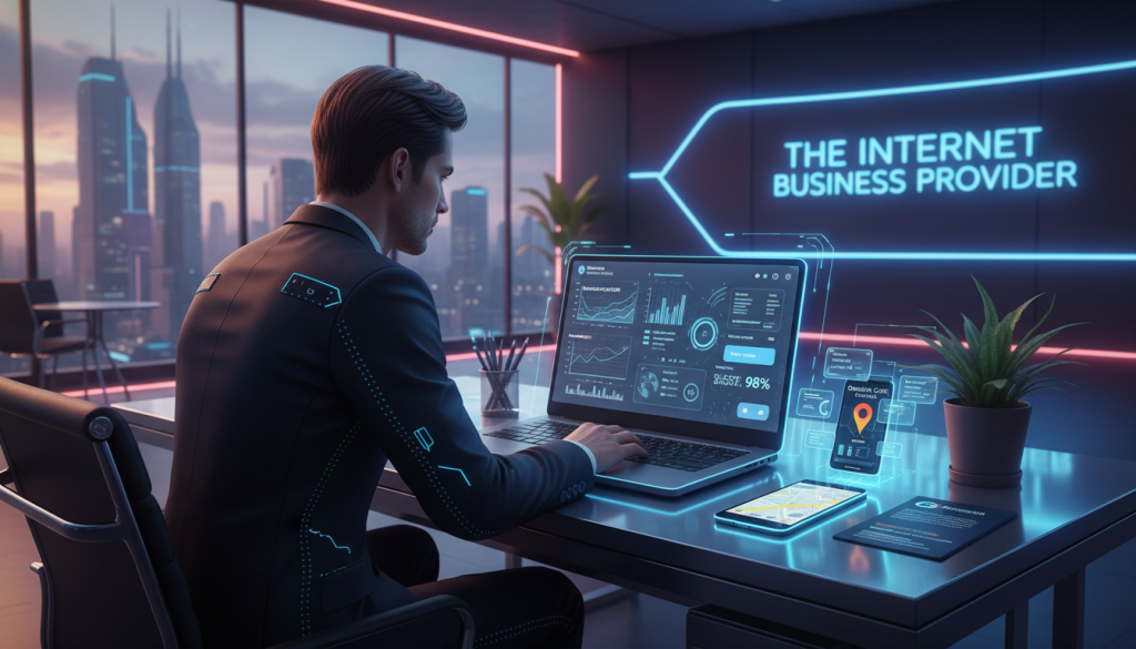 A visually engaging workspace centered on the theme of Google Business Profile Optimization. In the foreground, a professional individual in business attire is focused on a laptop screen displaying Google Business Profile analytics and optimization tools. The middle scene includes a clean, organized desk with a smartphone showing a Google Maps interface, strategically placed Google My Business materials, and a plant for a touch of freshness. In the background, a bright office with soft, diffused lighting creates a welcoming atmosphere, featuring a wall with branding that reads "The Internet Business Provider." The angle is slightly elevated to capture both the screen and the individual's concentration, emphasizing the importance of local SEO in building customer visibility. The mood is productive and encouraging, illustrating the power of effective business optimization. A visually engaging workspace centered on the theme of Google Business Profile Optimization. In the foreground, a professional individual in business attire is focused on a laptop screen displaying Google Business Profile analytics and optimization tools. The middle scene includes a clean, organized desk with a smartphone showing a Google Maps interface, strategically placed Google My Business materials, and a plant for a touch of freshness. In the background, a bright office with soft, diffused lighting creates a welcoming atmosphere, featuring a wall with branding that reads "The Internet Business Provider." The angle is slightly elevated to capture both the screen and the individual's concentration, emphasizing the importance of local SEO in building customer visibility. The mood is productive and encouraging, illustrating the power of effective business optimization.