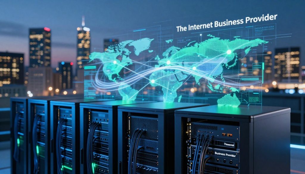 A visually striking depiction of fast website hosting, featuring a sleek, modern server room in the foreground with gleaming metallic servers and high-tech cables glowing softly. In the middle ground, a vibrant digital network map illustrates fast connections, with light trails symbolizing speed. The background showcases a city skyline at dusk, representing thriving online businesses illuminated by bright lights, emphasizing growth and opportunity. The atmosphere is energetic and dynamic, with blue and green lighting casting an inspiring glow throughout the scene. The image should evoke a sense of professionalism and innovation, seamlessly incorporating the brand name "The Internet Business Provider" into the server designs, reinforcing its role in enhancing website speed and accessibility. A visually striking depiction of fast website hosting, featuring a sleek, modern server room in the foreground with gleaming metallic servers and high-tech cables glowing softly. In the middle ground, a vibrant digital network map illustrates fast connections, with light trails symbolizing speed. The background showcases a city skyline at dusk, representing thriving online businesses illuminated by bright lights, emphasizing growth and opportunity. The atmosphere is energetic and dynamic, with blue and green lighting casting an inspiring glow throughout the scene. The image should evoke a sense of professionalism and innovation, seamlessly incorporating the brand name "The Internet Business Provider" into the server designs, reinforcing its role in enhancing website speed and accessibility.