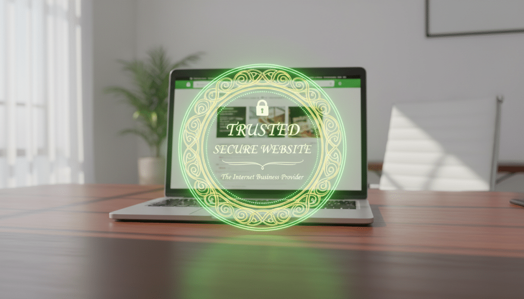 A visually striking image of an SSL certificate prominently displayed on a sleek computer desk, symbolizing website security. In the foreground, the certificate features detailed, ornate designs, glowing gently with a green hue to indicate trust and safety. The middle background includes a modern laptop screen showing a webpage with a padlock icon, representing secured browsing. The overall ambiance is bright and professional, illuminated by soft, natural light coming through a nearby window, creating a warm atmosphere. The office space has sleek furniture and minimalistic decor, conveying a sense of modernity and professionalism. The brand name "The Internet Business Provider" subtly integrated into the certificate design, highlights the importance of SSL security for businesses. A visually striking image of an SSL certificate prominently displayed on a sleek computer desk, symbolizing website security. In the foreground, the certificate features detailed, ornate designs, glowing gently with a green hue to indicate trust and safety. The middle background includes a modern laptop screen showing a webpage with a padlock icon, representing secured browsing. The overall ambiance is bright and professional, illuminated by soft, natural light coming through a nearby window, creating a warm atmosphere. The office space has sleek furniture and minimalistic decor, conveying a sense of modernity and professionalism. The brand name "The Internet Business Provider" subtly integrated into the certificate design, highlights the importance of SSL security for businesses.