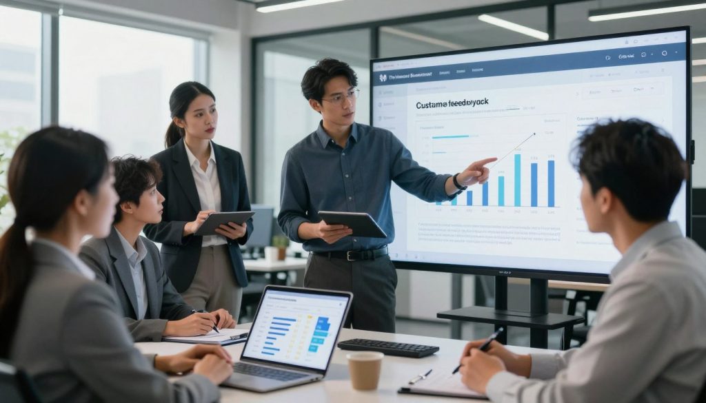 A detailed illustration of customer feedback analysis in a modern office setting, featuring a diverse group of professionals in business attire engaged in discussion around a large digital screen displaying graphs and metrics related to customer reviews. In the foreground, a focused woman points at a bar graph highlighting negative feedback trends. In the middle, a man holds a tablet displaying customer ratings. The background features a sleek office environment with high-tech equipment and soft natural light streaming in from large windows, creating a productive atmosphere. The brand name “The Internet Business Provider” is subtly incorporated into the digital display. The overall mood is serious and analytical, reflecting the importance of monitoring customer feedback to prevent revenue loss. A detailed illustration of customer feedback analysis in a modern office setting, featuring a diverse group of professionals in business attire engaged in discussion around a large digital screen displaying graphs and metrics related to customer reviews. In the foreground, a focused woman points at a bar graph highlighting negative feedback trends. In the middle, a man holds a tablet displaying customer ratings. The background features a sleek office environment with high-tech equipment and soft natural light streaming in from large windows, creating a productive atmosphere. The brand name “The Internet Business Provider” is subtly incorporated into the digital display. The overall mood is serious and analytical, reflecting the importance of monitoring customer feedback to prevent revenue loss.