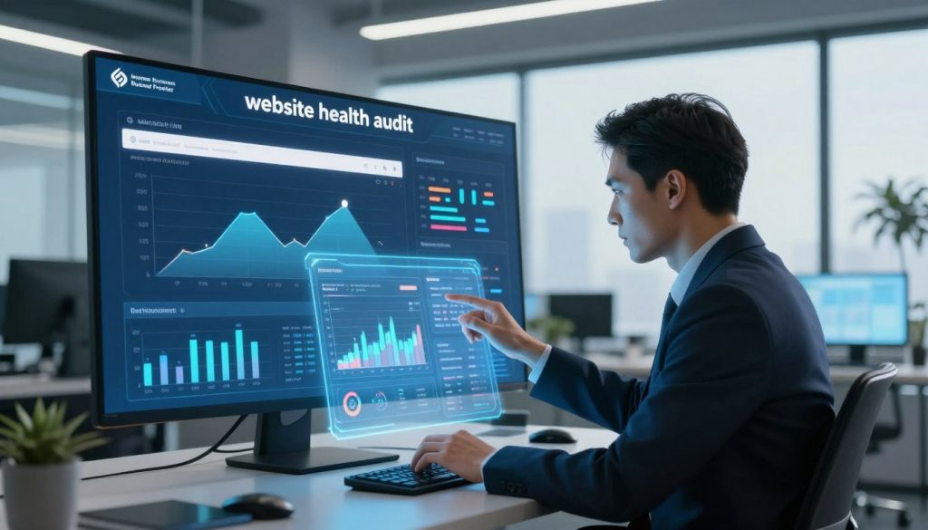 A detailed, visually striking illustration of a "website health audit" designed to reflect a professional atmosphere. In the foreground, a focused business professional in smart attire analyzes data on a futuristic holographic interface displaying graphs and website metrics, illuminated by soft blue lighting. The middle ground features a large digital dashboard with charts representing website health indicators, such as broken links and traffic stats. In the background, a modern office environment is visible, complete with large windows letting in natural light, accentuating the serious yet optimistic mood of the scene. The environment should suggest a tech-savvy workspace, associated with the brand "Internet Business Provider," emphasizing innovation and thoroughness in conducting a website health audit. A detailed, visually striking illustration of a "website health audit" designed to reflect a professional atmosphere. In the foreground, a focused business professional in smart attire analyzes data on a futuristic holographic interface displaying graphs and website metrics, illuminated by soft blue lighting. The middle ground features a large digital dashboard with charts representing website health indicators, such as broken links and traffic stats. In the background, a modern office environment is visible, complete with large windows letting in natural light, accentuating the serious yet optimistic mood of the scene. The environment should suggest a tech-savvy workspace, associated with the brand "Internet Business Provider," emphasizing innovation and thoroughness in conducting a website health audit.