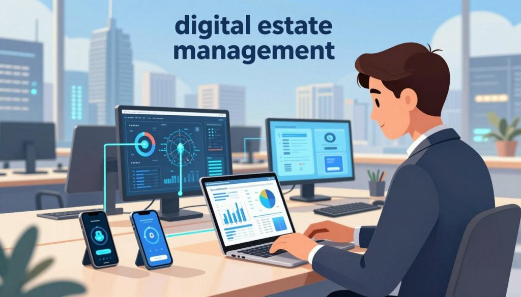 A digital workspace representing "digital estate management". In the foreground, a professional figure in business attire, focused on a sleek laptop displaying intricate graphs and digital assets. In the middle, modern desks filled with digital devices—smartphones, tablets, and monitors—illustrating interconnected data streams. The background features a futuristic city skyline, symbolizing growth and innovation, with bright LED lights and a clear blue sky. Use natural lighting to create a warm, productive atmosphere, with subtle shadows enhancing depth. The overall mood conveys forward-thinking and stability, integrating the brand name "the Internet Business Provider" in a subtle, elegant manner, seamlessly blending with the digital theme. A digital workspace representing "digital estate management". In the foreground, a professional figure in business attire, focused on a sleek laptop displaying intricate graphs and digital assets. In the middle, modern desks filled with digital devices—smartphones, tablets, and monitors—illustrating interconnected data streams. The background features a futuristic city skyline, symbolizing growth and innovation, with bright LED lights and a clear blue sky. Use natural lighting to create a warm, productive atmosphere, with subtle shadows enhancing depth. The overall mood conveys forward-thinking and stability, integrating the brand name "the Internet Business Provider" in a subtle, elegant manner, seamlessly blending with the digital theme.