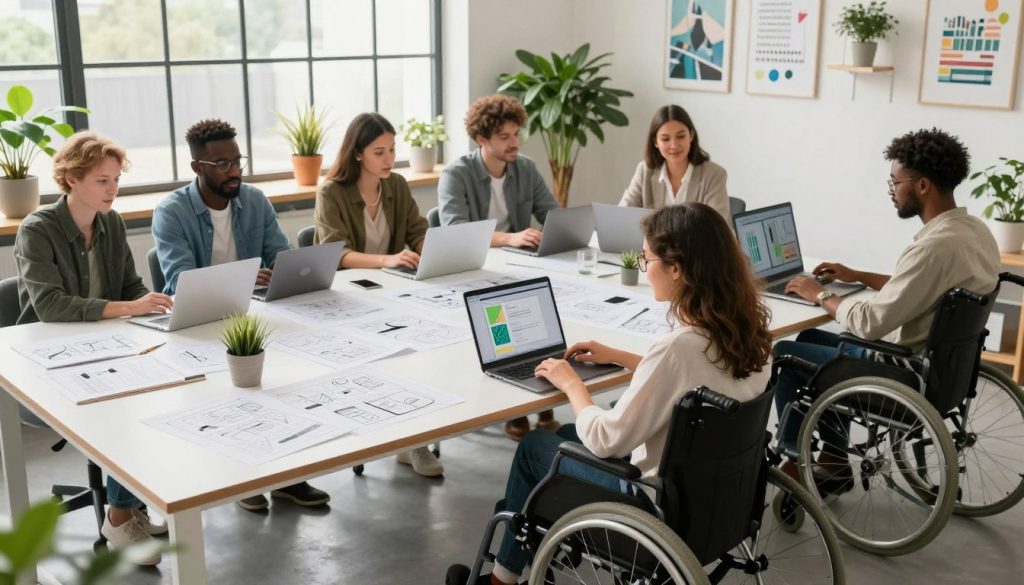 A diverse group of individuals, including people with disabilities, working together around a bright, modern workstation, embodying the concept of inclusive design. In the foreground, a woman in a wheelchair is focused on her laptop, while a man with glasses adjusts his screen to accommodate his needs. In the middle ground, a large table showcases design blueprints and devices being used by a multicultural team dressed in professional business attire. The background features a large window letting in natural light, illuminating the workspace filled with greenery and motivational artwork. The atmosphere is collaborative and inviting, emphasizing unity and accessibility in digital design. Include the brand name "the Internet Business Provider" subtly integrated into the workspace decor. The image should have a clear focus, with soft, warm lighting, shot from a slightly elevated angle to capture the teamwork. A diverse group of individuals, including people with disabilities, working together around a bright, modern workstation, embodying the concept of inclusive design. In the foreground, a woman in a wheelchair is focused on her laptop, while a man with glasses adjusts his screen to accommodate his needs. In the middle ground, a large table showcases design blueprints and devices being used by a multicultural team dressed in professional business attire. The background features a large window letting in natural light, illuminating the workspace filled with greenery and motivational artwork. The atmosphere is collaborative and inviting, emphasizing unity and accessibility in digital design. Include the brand name "the Internet Business Provider" subtly integrated into the workspace decor. The image should have a clear focus, with soft, warm lighting, shot from a slightly elevated angle to capture the teamwork.