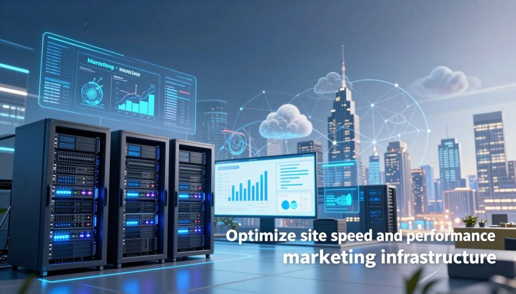 A dynamic and vibrant digital landscape illustrating the concept of "Optimize site speed and performance marketing infrastructure." In the foreground, a sleek, modern server room with high-tech servers and glowing LEDs, emphasizing fast processing and efficiency. In the middle, seamlessly integrated marketing elements like graphs and analytics dashboards, showcasing real-time data flow. In the background, a city skyline representing digital connectivity, highlighted by futuristic overlays of cloud networks. The lighting is bright and high-contrast, creating an energetic atmosphere. Use a wide-angle lens to capture the depth of the infrastructure. The overall mood is professional and innovative, reflecting "the Internet Business Provider" as the leader in performance marketing solutions. A dynamic and vibrant digital landscape illustrating the concept of "Optimize site speed and performance marketing infrastructure." In the foreground, a sleek, modern server room with high-tech servers and glowing LEDs, emphasizing fast processing and efficiency. In the middle, seamlessly integrated marketing elements like graphs and analytics dashboards, showcasing real-time data flow. In the background, a city skyline representing digital connectivity, highlighted by futuristic overlays of cloud networks. The lighting is bright and high-contrast, creating an energetic atmosphere. Use a wide-angle lens to capture the depth of the infrastructure. The overall mood is professional and innovative, reflecting "the Internet Business Provider" as the leader in performance marketing solutions.