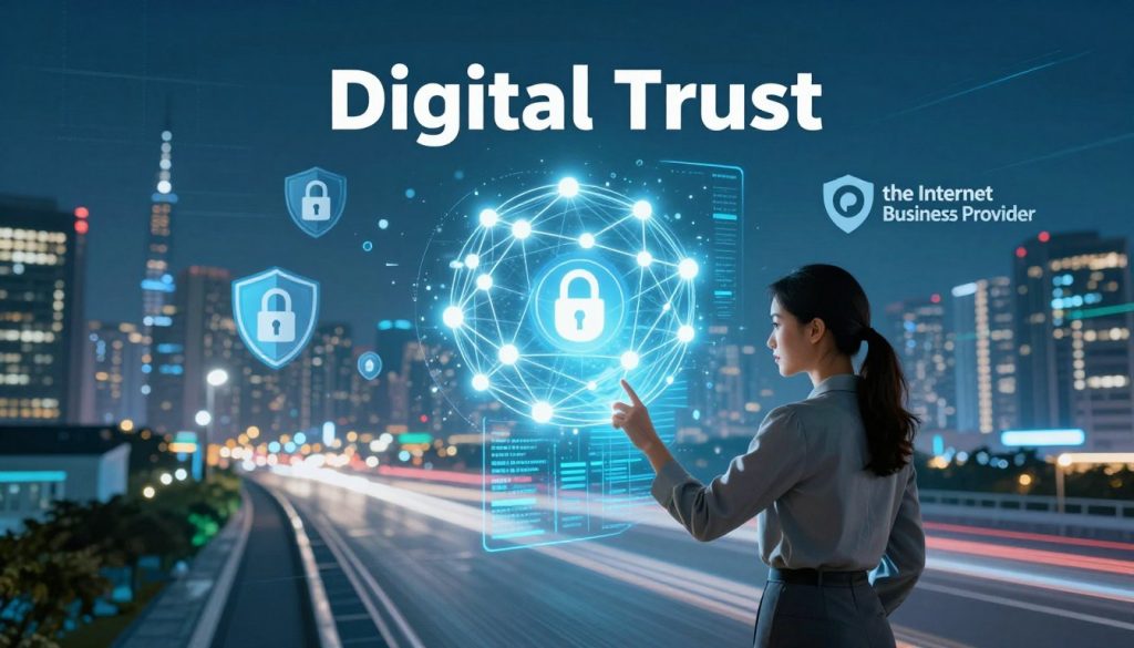 A futuristic digital landscape representing "Digital Trust" with a central glowing network node symbolizing connection and speed. In the foreground, a professional businesswoman in modest attire interacts with a holographic interface displaying data streams, emphasizing rapid information flow. In the middle ground, various icons of security, such as locks and shields, along with the logo of "the Internet Business Provider," illustrate trustworthiness and reliability. The background features a dynamic city skyline bathed in soft blue and green lighting, suggesting a high-tech environment. Use a wide-angle lens to capture the scene's depth, with a slight tilt to convey movement and urgency. The atmosphere should be energetic yet reassuring, highlighting the critical connection between speed and brand trust. A futuristic digital landscape representing "Digital Trust" with a central glowing network node symbolizing connection and speed. In the foreground, a professional businesswoman in modest attire interacts with a holographic interface displaying data streams, emphasizing rapid information flow. In the middle ground, various icons of security, such as locks and shields, along with the logo of "the Internet Business Provider," illustrate trustworthiness and reliability. The background features a dynamic city skyline bathed in soft blue and green lighting, suggesting a high-tech environment. Use a wide-angle lens to capture the scene's depth, with a slight tilt to convey movement and urgency. The atmosphere should be energetic yet reassuring, highlighting the critical connection between speed and brand trust.