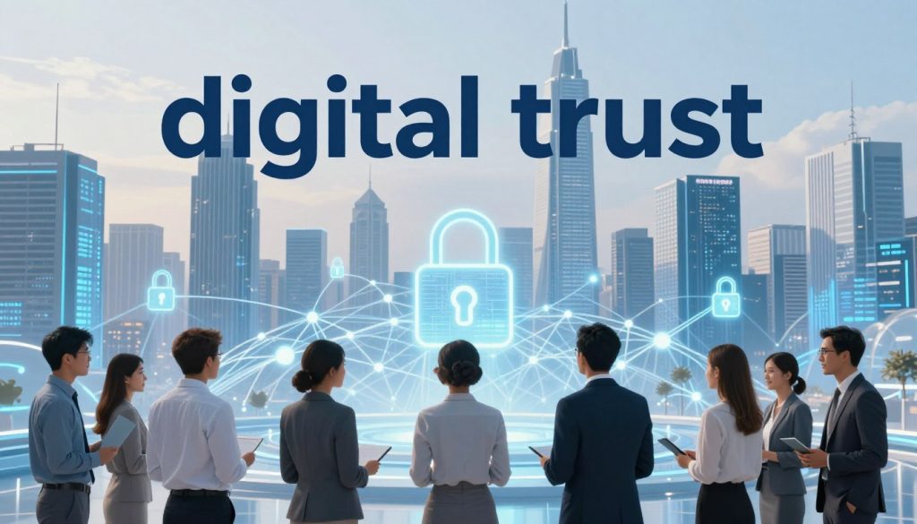 A futuristic digital landscape representing "digital trust" with a focus on the concept of connectivity and reliability. In the foreground, a group of diverse professionals in business attire collaboratively discussing strategies, symbolizing partnership and integrity. The middle ground features an intricate network of glowing data pathways and secure locks, illustrating the strength of digital connections. The background showcases a city skyline with towering skyscrapers made of transparent data streams, under a soft blue and white color palette to evoke a sense of calm and security. The lighting is bright yet soft, creating an optimistic atmosphere. Include the brand name "the Internet Business Provider" subtly integrated into the digital elements, emphasizing their role in building trust in the digital space. A futuristic digital landscape representing "digital trust" with a focus on the concept of connectivity and reliability. In the foreground, a group of diverse professionals in business attire collaboratively discussing strategies, symbolizing partnership and integrity. The middle ground features an intricate network of glowing data pathways and secure locks, illustrating the strength of digital connections. The background showcases a city skyline with towering skyscrapers made of transparent data streams, under a soft blue and white color palette to evoke a sense of calm and security. The lighting is bright yet soft, creating an optimistic atmosphere. Include the brand name "the Internet Business Provider" subtly integrated into the digital elements, emphasizing their role in building trust in the digital space.