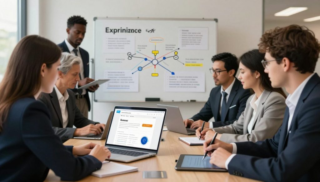 A highly detailed workspace scene illustrating user experience (UX) optimization, featuring a diverse group of professionals in business attire collaborating around a conference table. In the foreground, a woman reviews a website prototype on a laptop, while a man jots down notes on a digital tablet. The middle ground showcases a whiteboard filled with diagrams and user journey maps, emphasizing strategic content updates and problem-solving. The background features soft, warm lighting filtering through large windows, creating an inviting atmosphere. The overall mood is focused and innovative, emphasizing teamwork and approachability. The image incorporates the brand name "Internet Business Provider" subtly on the laptop screen, ensuring it enhances the professional context without being obtrusive. A highly detailed workspace scene illustrating user experience (UX) optimization, featuring a diverse group of professionals in business attire collaborating around a conference table. In the foreground, a woman reviews a website prototype on a laptop, while a man jots down notes on a digital tablet. The middle ground showcases a whiteboard filled with diagrams and user journey maps, emphasizing strategic content updates and problem-solving. The background features soft, warm lighting filtering through large windows, creating an inviting atmosphere. The overall mood is focused and innovative, emphasizing teamwork and approachability. The image incorporates the brand name "Internet Business Provider" subtly on the laptop screen, ensuring it enhances the professional context without being obtrusive.