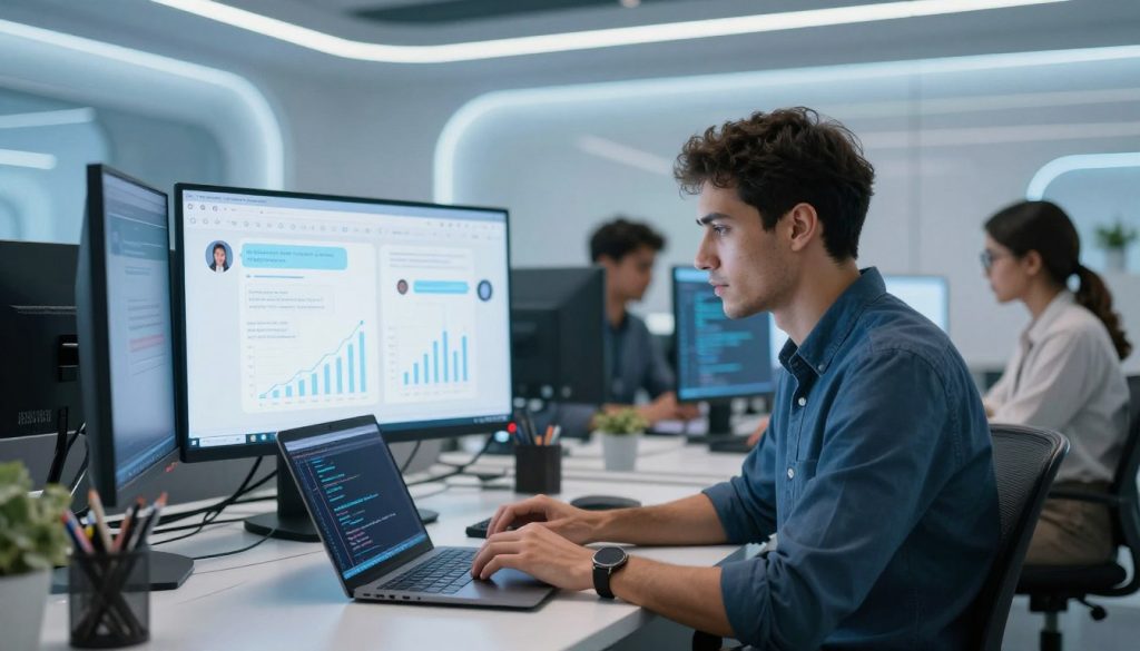 A modern office environment featuring a diverse team of professionals developing AI chatbots. In the foreground, a skilled developer, dressed in smart casual attire, is engaged with code on a laptop while collaborating with a colleague. In the middle ground, a digital screen displays chatbot interfaces and growth charts, illustrating technology and progress. The background reveals a sleek, futuristic workspace with soft blue and white lighting, creating a tech-savvy atmosphere. The scene embodies innovation and teamwork, symbolizing continuous growth and overcoming misconceptions about AI chatbots. The brand name "The Internet Business Provider" is subtly integrated into the digital displays. The overall mood is focused and inspirational, emphasizing a dynamic and professional setting. A modern office environment featuring a diverse team of professionals developing AI chatbots. In the foreground, a skilled developer, dressed in smart casual attire, is engaged with code on a laptop while collaborating with a colleague. In the middle ground, a digital screen displays chatbot interfaces and growth charts, illustrating technology and progress. The background reveals a sleek, futuristic workspace with soft blue and white lighting, creating a tech-savvy atmosphere. The scene embodies innovation and teamwork, symbolizing continuous growth and overcoming misconceptions about AI chatbots. The brand name "The Internet Business Provider" is subtly integrated into the digital displays. The overall mood is focused and inspirational, emphasizing a dynamic and professional setting.