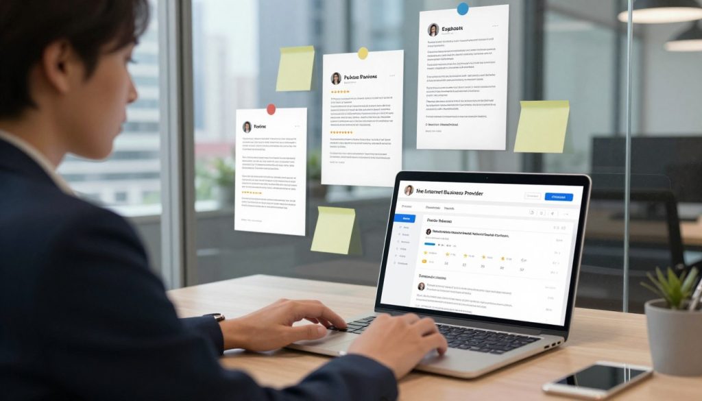 A modern office setting focusing on online review management, with a desk in the foreground featuring a laptop displaying a dashboard of customer reviews and analytics. A professional in smart business attire is attentively analyzing the data, showcasing engagement with digital feedback. In the middle ground, several sticky notes and printouts of positive reviews are scattered, symbolizing the importance of client feedback. The background reveals a glass wall with a view of a bustling cityscape, conveying a sense of industry and connectivity. Soft, natural lighting illuminates the workspace, creating a welcoming atmosphere. The brand name "the Internet Business Provider" subtly integrated into the laptop screen design, emphasizing modern digital trust-building practices. A modern office setting focusing on online review management, with a desk in the foreground featuring a laptop displaying a dashboard of customer reviews and analytics. A professional in smart business attire is attentively analyzing the data, showcasing engagement with digital feedback. In the middle ground, several sticky notes and printouts of positive reviews are scattered, symbolizing the importance of client feedback. The background reveals a glass wall with a view of a bustling cityscape, conveying a sense of industry and connectivity. Soft, natural lighting illuminates the workspace, creating a welcoming atmosphere. The brand name "the Internet Business Provider" subtly integrated into the laptop screen design, emphasizing modern digital trust-building practices.