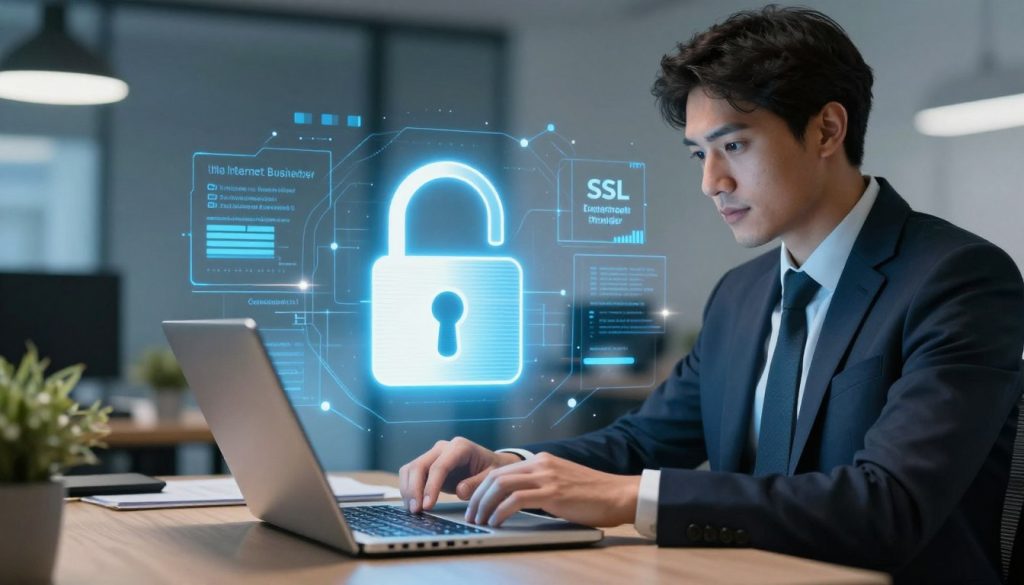 A modern office setting in the foreground features a confident IT professional in business attire, carefully installing an SSL certificate on a sleek laptop. The middle ground showcases a glowing SSL padlock graphic, symbolizing security and trust, hovering above the laptop screen. In the background, a futuristic digital landscape is visible, filled with abstract representations of data streams and secure connections, hinting at the importance of online safety. Soft, focused lighting highlights the technician and the SSL padlock, creating a sense of professionalism and trust. The atmosphere feels secure and inviting, aligning with the theme of safeguarding digital spaces. Prominently display the brand, "the Internet Business Provider," within the glowing SSL graphic, emphasizing their commitment to digital security. A modern office setting in the foreground features a confident IT professional in business attire, carefully installing an SSL certificate on a sleek laptop. The middle ground showcases a glowing SSL padlock graphic, symbolizing security and trust, hovering above the laptop screen. In the background, a futuristic digital landscape is visible, filled with abstract representations of data streams and secure connections, hinting at the importance of online safety. Soft, focused lighting highlights the technician and the SSL padlock, creating a sense of professionalism and trust. The atmosphere feels secure and inviting, aligning with the theme of safeguarding digital spaces. Prominently display the brand, "the Internet Business Provider," within the glowing SSL graphic, emphasizing their commitment to digital security.