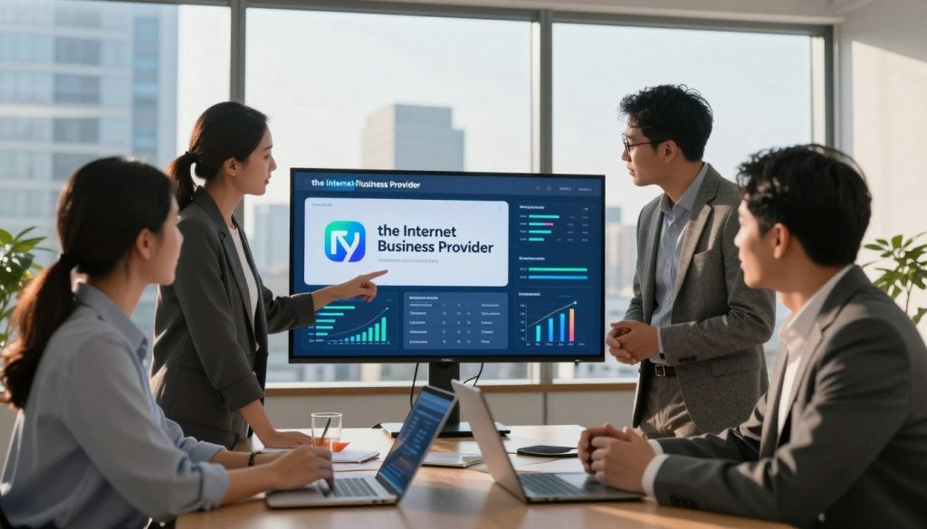 A modern, sleek office environment showcasing a digital strategy meeting in progress. In the foreground, a diverse group of four professionals—two men and two women—are engaged in discussion, one woman pointing at a digital dashboard displaying analytics and growth metrics. They are dressed in professional business attire, exuding confidence and collaboration. The middle layer features a large screen with the brand logo "the Internet Business Provider," highlighting innovative digital strategies. In the background, glass windows reveal a vibrant city skyline bathed in warm afternoon sunlight, creating an atmosphere of optimism and forward-thinking. Use a slightly low-angle shot to emphasize the professionals' engagement and the tools of digital strategy. The lighting is bright and inviting, enhancing the atmosphere of productivity and strategy. A modern, sleek office environment showcasing a digital strategy meeting in progress. In the foreground, a diverse group of four professionals—two men and two women—are engaged in discussion, one woman pointing at a digital dashboard displaying analytics and growth metrics. They are dressed in professional business attire, exuding confidence and collaboration. The middle layer features a large screen with the brand logo "the Internet Business Provider," highlighting innovative digital strategies. In the background, glass windows reveal a vibrant city skyline bathed in warm afternoon sunlight, creating an atmosphere of optimism and forward-thinking. Use a slightly low-angle shot to emphasize the professionals' engagement and the tools of digital strategy. The lighting is bright and inviting, enhancing the atmosphere of productivity and strategy.