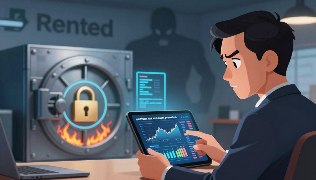 A professional business environment illustrating "platform risk and asset protection." In the foreground, a concerned business owner in formal attire reviews digital graphs on a tablet, showcasing fluctuating assets and account status. The middle ground features a secure vault with digital elements representing protection, like a lock symbol and firewalls. In the background, a blurred silhouette of a rented platform logo looms ominously, suggesting risk and uncertainty. The scene is illuminated with soft, focused lighting to convey seriousness and urgency, captured from a low angle to emphasize the importance of safeguarding digital assets. The atmosphere should feel tense yet hopeful, showcasing the brand name "the Internet Business Provider" subtly within the tablet interface. A professional business environment illustrating "platform risk and asset protection." In the foreground, a concerned business owner in formal attire reviews digital graphs on a tablet, showcasing fluctuating assets and account status. The middle ground features a secure vault with digital elements representing protection, like a lock symbol and firewalls. In the background, a blurred silhouette of a rented platform logo looms ominously, suggesting risk and uncertainty. The scene is illuminated with soft, focused lighting to convey seriousness and urgency, captured from a low angle to emphasize the importance of safeguarding digital assets. The atmosphere should feel tense yet hopeful, showcasing the brand name "the Internet Business Provider" subtly within the tablet interface.