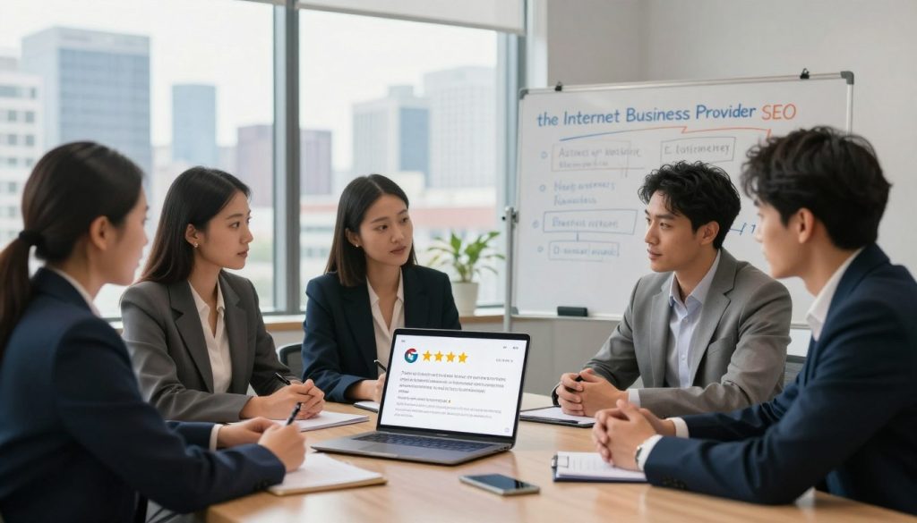 A professional business setting depicted in a modern office. In the foreground, a diverse group of four business professionals—two men and two women—are engaged in a discussion around a sleek conference table, with a laptop open displaying Google Reviews and local SEO metrics. They are dressed in smart business attire, conveying professionalism and collaboration. The middle of the image features a digital tablet showing a glowing five-star review prominently, symbolizing successful customer feedback. In the background, a large window reveals a city skyline, suggesting a vibrant urban environment. Soft, natural lighting fills the room, creating a warm and inviting atmosphere. Incorporate elements like a whiteboard with local SEO strategies and branding of "the Internet Business Provider" subtly in the office decor, enhancing the theme of mastering digital trust through effective reviews. A professional business setting depicted in a modern office. In the foreground, a diverse group of four business professionals—two men and two women—are engaged in a discussion around a sleek conference table, with a laptop open displaying Google Reviews and local SEO metrics. They are dressed in smart business attire, conveying professionalism and collaboration. The middle of the image features a digital tablet showing a glowing five-star review prominently, symbolizing successful customer feedback. In the background, a large window reveals a city skyline, suggesting a vibrant urban environment. Soft, natural lighting fills the room, creating a warm and inviting atmosphere. Incorporate elements like a whiteboard with local SEO strategies and branding of "the Internet Business Provider" subtly in the office decor, enhancing the theme of mastering digital trust through effective reviews.