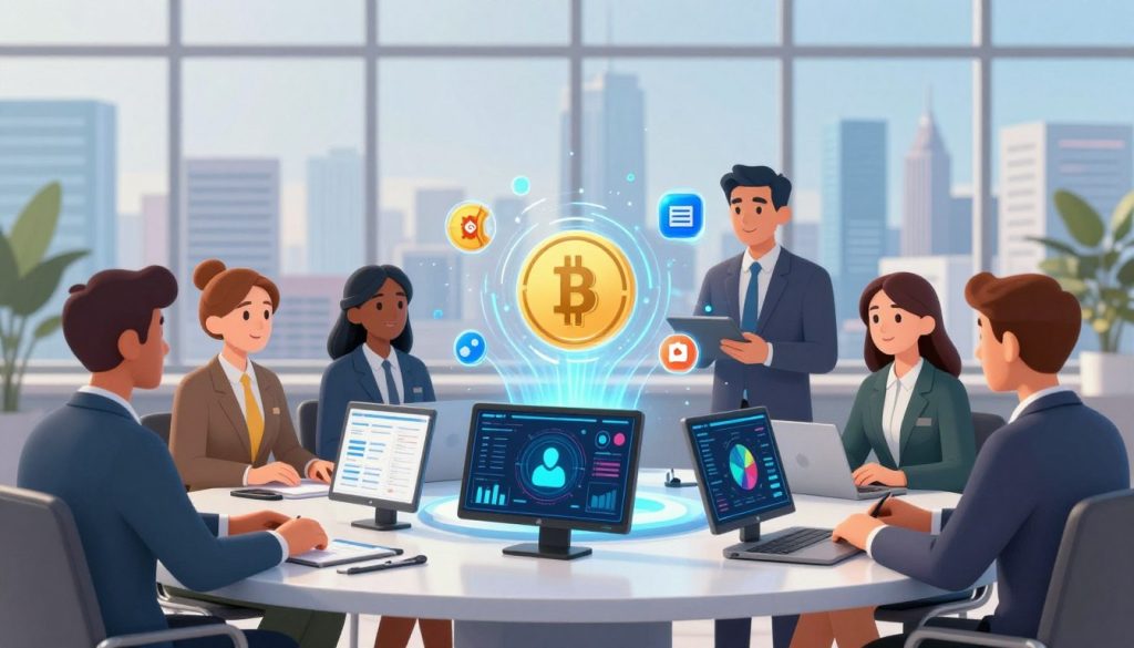 A professional business setting illustrating digital asset ownership and management. In the foreground, a diverse group of individuals in professional business attire are engaged in a dynamic discussion around a sleek, modern table, with digital devices displaying various data analytics and digital asset management interfaces. In the middle, vibrant holographic visuals depict data flowing from blockchain symbols and digital wallet icons. The background features a large window with a futuristic cityscape, symbolizing progress and innovation. The lighting is bright but balanced, casting soft shadows that enhance the focus on the group's collaboration. The overall mood conveys a sense of teamwork and forward-thinking under the branding of "the Internet Business Provider," emphasizing the importance of secure digital asset ownership. A professional business setting illustrating digital asset ownership and management. In the foreground, a diverse group of individuals in professional business attire are engaged in a dynamic discussion around a sleek, modern table, with digital devices displaying various data analytics and digital asset management interfaces. In the middle, vibrant holographic visuals depict data flowing from blockchain symbols and digital wallet icons. The background features a large window with a futuristic cityscape, symbolizing progress and innovation. The lighting is bright but balanced, casting soft shadows that enhance the focus on the group's collaboration. The overall mood conveys a sense of teamwork and forward-thinking under the branding of "the Internet Business Provider," emphasizing the importance of secure digital asset ownership.