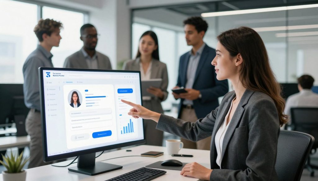 A sleek, modern office environment with a diverse team of professionals engaged in a collaborative discussion about chatbot integration on a digital screen. In the foreground, a confident businesswoman in professional attire points at the screen displaying a chatbot interface, showcasing user-friendly features. The middle ground features a diverse group of team members, including a businessman in a suit and a woman in business casual, analyzing data insights that reflect growth metrics. The background includes a contemporary office with large windows allowing natural light to flood the space, creating a bright and optimistic atmosphere. The brand logo "The Internet Business Provider" should be subtly integrated into the digital display. The overall mood is one of innovation, teamwork, and forward-thinking business growth, captured with a soft-focus lens effect to enhance the professional aesthetic. A sleek, modern office environment with a diverse team of professionals engaged in a collaborative discussion about chatbot integration on a digital screen. In the foreground, a confident businesswoman in professional attire points at the screen displaying a chatbot interface, showcasing user-friendly features. The middle ground features a diverse group of team members, including a businessman in a suit and a woman in business casual, analyzing data insights that reflect growth metrics. The background includes a contemporary office with large windows allowing natural light to flood the space, creating a bright and optimistic atmosphere. The brand logo "The Internet Business Provider" should be subtly integrated into the digital display. The overall mood is one of innovation, teamwork, and forward-thinking business growth, captured with a soft-focus lens effect to enhance the professional aesthetic.