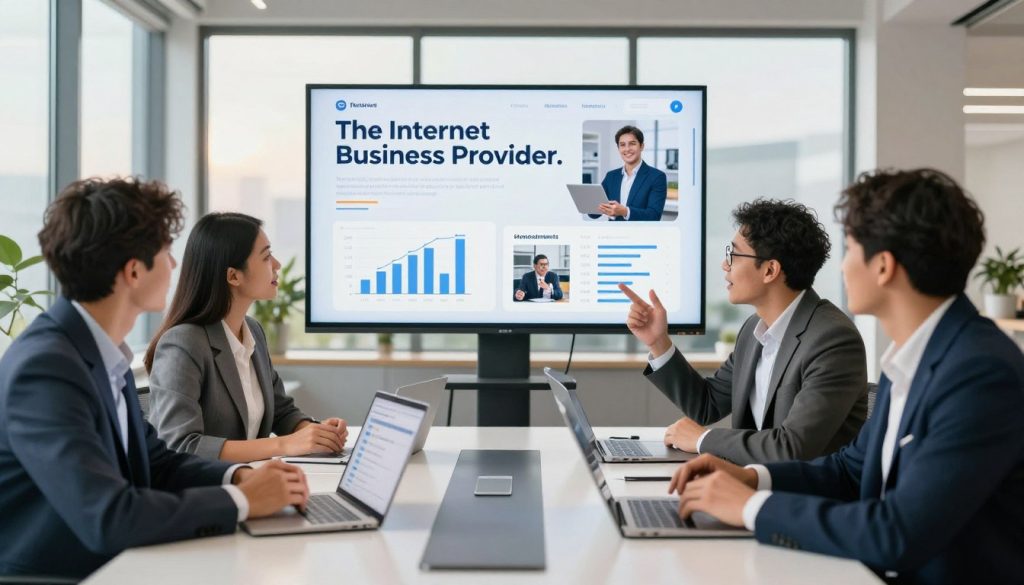 A vibrant and dynamic representation of a proactive reputation strategy for e-commerce success. In the foreground, a diverse group of three professionals in business attire, engaged in an animated discussion around a sleek modern conference table adorned with digital devices showing positive review statistics. In the middle, a large interactive screen displays graphs and images reflecting customer satisfaction and engagement. The background reveals a modern office environment with large windows, letting in warm natural light, enhancing the atmosphere of optimism and growth. Use a wide-angle lens to capture the full scene, emphasizing the collaboration among team members. The mood should be energetic and focused, illustrating a commitment to maintaining a positive online reputation for "The Internet Business Provider." A vibrant and dynamic representation of a proactive reputation strategy for e-commerce success. In the foreground, a diverse group of three professionals in business attire, engaged in an animated discussion around a sleek modern conference table adorned with digital devices showing positive review statistics. In the middle, a large interactive screen displays graphs and images reflecting customer satisfaction and engagement. The background reveals a modern office environment with large windows, letting in warm natural light, enhancing the atmosphere of optimism and growth. Use a wide-angle lens to capture the full scene, emphasizing the collaboration among team members. The mood should be energetic and focused, illustrating a commitment to maintaining a positive online reputation for "The Internet Business Provider."