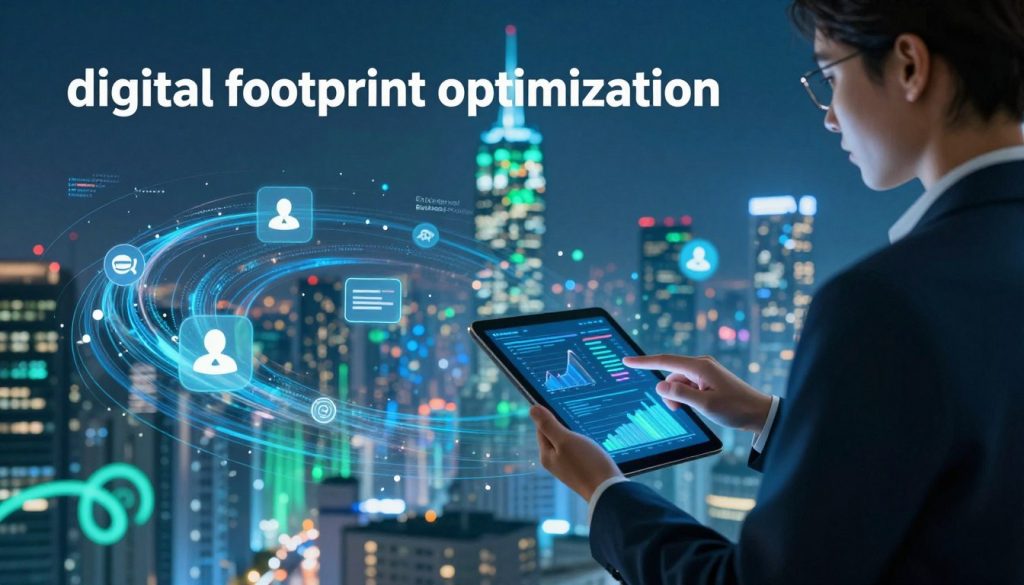 A visually striking representation of "digital footprint optimization" for an article. In the foreground, a professional business person in smart attire examines digital graphs and analytics on a sleek tablet, symbolizing data and strategy. The middle layer features a dynamic digital landscape with swirling data streams and icons representing social media reviews, search engines, and e-commerce platforms. In the background, a futuristic city skyline glows with vibrant blue and green lights, indicating a bustling digital world. Soft, diffuse lighting creates an optimistic atmosphere, emphasizing the importance of credibility. The brand name "The Internet Business Provider" is subtly integrated into the scene. A wide-angle lens captures the comprehensive view, inviting the viewer to explore the concept further. A visually striking representation of "digital footprint optimization" for an article. In the foreground, a professional business person in smart attire examines digital graphs and analytics on a sleek tablet, symbolizing data and strategy. The middle layer features a dynamic digital landscape with swirling data streams and icons representing social media reviews, search engines, and e-commerce platforms. In the background, a futuristic city skyline glows with vibrant blue and green lights, indicating a bustling digital world. Soft, diffuse lighting creates an optimistic atmosphere, emphasizing the importance of credibility. The brand name "The Internet Business Provider" is subtly integrated into the scene. A wide-angle lens captures the comprehensive view, inviting the viewer to explore the concept further.