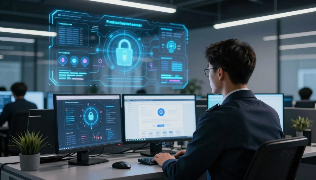 In a high-tech digital environment, a vigilant digital bouncer stands guard in the foreground, wearing professional attire, embodying the concept of website protection. He monitors multiple screens displaying various website analytics and security metrics, projecting a sense of proactive oversight. In the middle ground, a glowing interface illustrates layers of security protocols, such as firewalls and malware detection, visually represented by vibrant icons and graphs. The background features a sleek, modern office space with dim ambient lighting, emphasizing the importance of cybersecurity in the digital age. The atmosphere is focused and confident, showcasing "the Internet Business Provider" branding subtly integrated into the design elements. The scene captures the essence of vigilance and advanced technology in website protection services. In a high-tech digital environment, a vigilant digital bouncer stands guard in the foreground, wearing professional attire, embodying the concept of website protection. He monitors multiple screens displaying various website analytics and security metrics, projecting a sense of proactive oversight. In the middle ground, a glowing interface illustrates layers of security protocols, such as firewalls and malware detection, visually represented by vibrant icons and graphs. The background features a sleek, modern office space with dim ambient lighting, emphasizing the importance of cybersecurity in the digital age. The atmosphere is focused and confident, showcasing "the Internet Business Provider" branding subtly integrated into the design elements. The scene captures the essence of vigilance and advanced technology in website protection services.