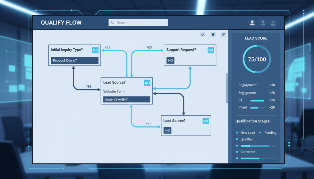 A clean, professional interface of a lead qualification software dashboard showing a logic-based form builder with branching paths and lead scoring metrics, vibrant blue and white color scheme, high-tech SaaS aesthetic, 4k resolution. A clean, professional interface of a lead qualification software dashboard showing a logic-based form builder with branching paths and lead scoring metrics, vibrant blue and white color scheme, high-tech SaaS aesthetic, 4k resolution.