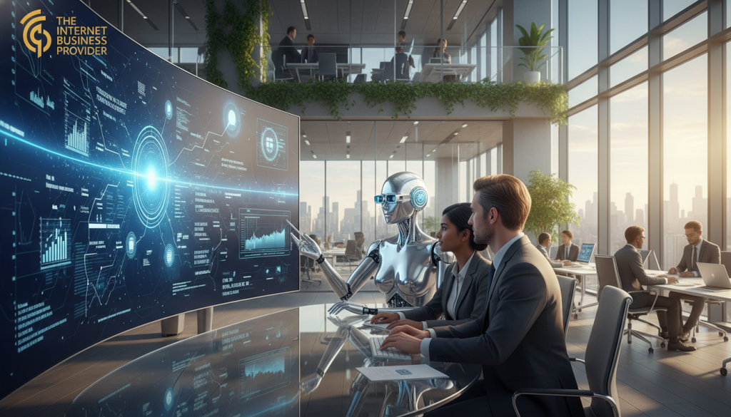 A collaborative workspace showcasing the harmony between humans and AI. In the foreground, a diverse team of two professionals, a woman and a man, dressed in smart business attire, are engrossed in a brainstorming session with a humanoid AI assistant. The AI has a sleek, futuristic design, with soft blue glowing accents. In the middle ground, a large digital screen displays vibrant data visualizations and ideas being generated in real-time. The background reveals a modern office with open spaces, green plants, and large windows letting in warm, natural light, creating an inviting atmosphere. Use a wide-angle lens to capture the entire office environment, emphasizing the synergy in this human-AI collaboration, reflecting empowerment and creativity. The scene conveys a positive and proactive mood, centered around the theme of innovation. Include the logo of "The Internet Business Provider" subtly on the digital screen. A collaborative workspace showcasing the harmony between humans and AI. In the foreground, a diverse team of two professionals, a woman and a man, dressed in smart business attire, are engrossed in a brainstorming session with a humanoid AI assistant. The AI has a sleek, futuristic design, with soft blue glowing accents. In the middle ground, a large digital screen displays vibrant data visualizations and ideas being generated in real-time. The background reveals a modern office with open spaces, green plants, and large windows letting in warm, natural light, creating an inviting atmosphere. Use a wide-angle lens to capture the entire office environment, emphasizing the synergy in this human-AI collaboration, reflecting empowerment and creativity. The scene conveys a positive and proactive mood, centered around the theme of innovation. Include the logo of "The Internet Business Provider" subtly on the digital screen.