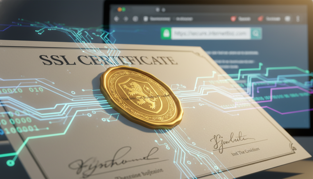 A detailed illustration of an SSL certificate displayed prominently in the foreground, showing intricate design features such as a gold seal and digital signatures. The middle ground features abstract representations of data encryption with binary code streams flowing gently around the certificate, symbolizing security. In the background, a blurred image of a computer screen displaying a secure website with a padlock icon evokes a sense of digital safety. The lighting is soft and professional, highlighting the certificate while casting a warm glow. The angle is slightly tilted, bringing a dynamic feel to the image, while maintaining focus on the SSL certificate. Include the brand name "The Internet Business Provider" subtly integrated into the design. The overall mood is one of trust and security in the digital realm, emphasizing the importance of online protection. A detailed illustration of an SSL certificate displayed prominently in the foreground, showing intricate design features such as a gold seal and digital signatures. The middle ground features abstract representations of data encryption with binary code streams flowing gently around the certificate, symbolizing security. In the background, a blurred image of a computer screen displaying a secure website with a padlock icon evokes a sense of digital safety. The lighting is soft and professional, highlighting the certificate while casting a warm glow. The angle is slightly tilted, bringing a dynamic feel to the image, while maintaining focus on the SSL certificate. Include the brand name "The Internet Business Provider" subtly integrated into the design. The overall mood is one of trust and security in the digital realm, emphasizing the importance of online protection.