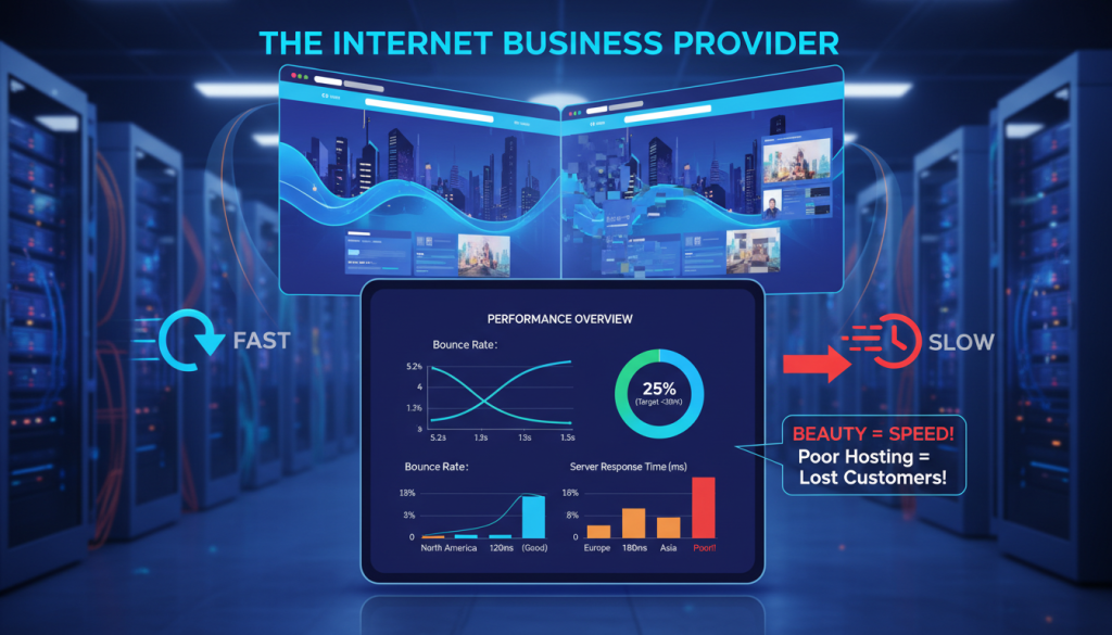 A detailed infographic showcasing website speed performance metrics for "The Internet Business Provider". In the foreground, display a sleek digital dashboard with colorful graphs and charts illustrating metrics like load time, bounce rate, and server response time. The middle layer features a stylized representation of a slow-loading website, highlighting the disparity between beautiful design and poor hosting speed with contrasting visual elements, such as a fast-loading icon next to a sluggish one. In the background, incorporate subtle hints of a data center or server farm, symbolizing the hosting aspect. Use cool blue tones for a tech-savvy feel, with warm highlights to emphasize areas of concern. The lighting should be bright and professional, simulating an office environment, viewed from a dynamic, engaging angle. A detailed infographic showcasing website speed performance metrics for "The Internet Business Provider". In the foreground, display a sleek digital dashboard with colorful graphs and charts illustrating metrics like load time, bounce rate, and server response time. The middle layer features a stylized representation of a slow-loading website, highlighting the disparity between beautiful design and poor hosting speed with contrasting visual elements, such as a fast-loading icon next to a sluggish one. In the background, incorporate subtle hints of a data center or server farm, symbolizing the hosting aspect. Use cool blue tones for a tech-savvy feel, with warm highlights to emphasize areas of concern. The lighting should be bright and professional, simulating an office environment, viewed from a dynamic, engaging angle.