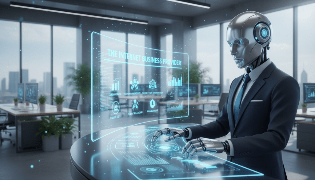 A digital employee in a modern office environment, reflecting the concept of a website performing business functions. The foreground features a humanoid robot in a sleek, professional business suit, working diligently at a high-tech workstation filled with multiple screens displaying graphs and data analytics. In the middle ground, a digital interface showcases various website features like e-commerce, SEO, and client interactions, all under your brand name, "The Internet Business Provider." The background presents a well-lit, contemporary office space with a mix of greenery and technological elements, creating an atmosphere of innovation and efficiency. Soft, ambient lighting enhances the futuristic feel, with a focus on the robot's engaged expression, capturing the essence of productivity and professionalism in the digital age. A digital employee in a modern office environment, reflecting the concept of a website performing business functions. The foreground features a humanoid robot in a sleek, professional business suit, working diligently at a high-tech workstation filled with multiple screens displaying graphs and data analytics. In the middle ground, a digital interface showcases various website features like e-commerce, SEO, and client interactions, all under your brand name, "The Internet Business Provider." The background presents a well-lit, contemporary office space with a mix of greenery and technological elements, creating an atmosphere of innovation and efficiency. Soft, ambient lighting enhances the futuristic feel, with a focus on the robot's engaged expression, capturing the essence of productivity and professionalism in the digital age.