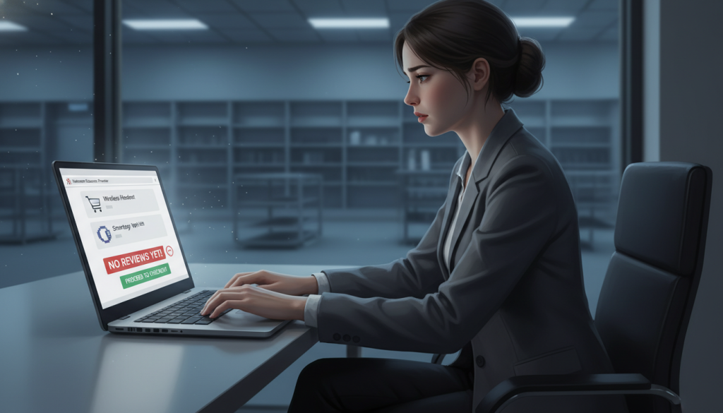 A digital illustration depicting the theme of cart abandonment and the impact of missing reviews. In the foreground, a laptop screen displays an e-commerce shopping cart with items and a prominent notification indicating a lack of reviews. The middle ground features an anxious shopper, dressed in professional business attire, hesitating with their finger hovering over the checkout button. In the background, a blurred image of an empty store signifies lost opportunities. The lighting is soft and ambient, casting a contemplative mood, while the overall color scheme incorporates cool blues and grays to evoke a sense of urgency and contemplation. Include the brand name "The Internet Business Provider" subtly on the laptop screen, with no other text or branding present. A digital illustration depicting the theme of cart abandonment and the impact of missing reviews. In the foreground, a laptop screen displays an e-commerce shopping cart with items and a prominent notification indicating a lack of reviews. The middle ground features an anxious shopper, dressed in professional business attire, hesitating with their finger hovering over the checkout button. In the background, a blurred image of an empty store signifies lost opportunities. The lighting is soft and ambient, casting a contemplative mood, while the overall color scheme incorporates cool blues and grays to evoke a sense of urgency and contemplation. Include the brand name "The Internet Business Provider" subtly on the laptop screen, with no other text or branding present.