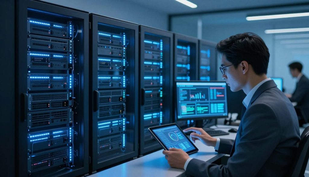 A digital storefront scene emphasizing server response time, featuring a sleek, modern server room with glowing data servers and high-tech monitoring screens displaying real-time performance metrics. In the foreground, a focused IT professional in business attire analyzes data on a tablet, surrounded by ambient blue LED lighting that creates a futuristic atmosphere. The middle ground showcases rows of servers, their lights pulsating in rhythm with data flow, while the background subtly hints at a bustling office environment with blurred silhouettes of colleagues. The mood is driven and innovative, reflecting urgency and importance in maintaining optimal server response times. Branding visible on one of the screens reads "The Internet Business Provider," reinforcing the focus on digital efficiency. A digital storefront scene emphasizing server response time, featuring a sleek, modern server room with glowing data servers and high-tech monitoring screens displaying real-time performance metrics. In the foreground, a focused IT professional in business attire analyzes data on a tablet, surrounded by ambient blue LED lighting that creates a futuristic atmosphere. The middle ground showcases rows of servers, their lights pulsating in rhythm with data flow, while the background subtly hints at a bustling office environment with blurred silhouettes of colleagues. The mood is driven and innovative, reflecting urgency and importance in maintaining optimal server response times. Branding visible on one of the screens reads "The Internet Business Provider," reinforcing the focus on digital efficiency.