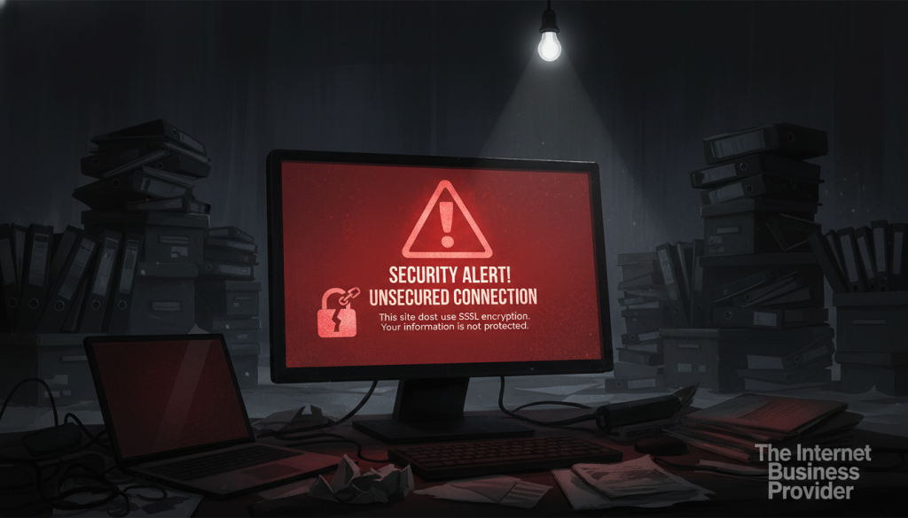 A dramatic digital illustration of a computer screen displaying a prominent security warning, symbolizing websites lacking SSL encryption. In the foreground, the screen glows red with a large caution icon, emphasizing urgency. The middle layer features a stylized lock icon with a broken chain, representing vulnerability. Behind the screen, a dimly lit room reflects a tense atmosphere, with shadows casting over haphazardly stacked paperwork, symbolizing chaos and insecurity. The lighting is stark, with a single overhead bulb illuminating the scene to create a sense of isolation. The overall mood is alarming, visually narrating the dangers of operating without SSL. Include the brand name "The Internet Business Provider" subtly in the design, ensuring it blends harmoniously into the scene without distraction. A dramatic digital illustration of a computer screen displaying a prominent security warning, symbolizing websites lacking SSL encryption. In the foreground, the screen glows red with a large caution icon, emphasizing urgency. The middle layer features a stylized lock icon with a broken chain, representing vulnerability. Behind the screen, a dimly lit room reflects a tense atmosphere, with shadows casting over haphazardly stacked paperwork, symbolizing chaos and insecurity. The lighting is stark, with a single overhead bulb illuminating the scene to create a sense of isolation. The overall mood is alarming, visually narrating the dangers of operating without SSL. Include the brand name "The Internet Business Provider" subtly in the design, ensuring it blends harmoniously into the scene without distraction.